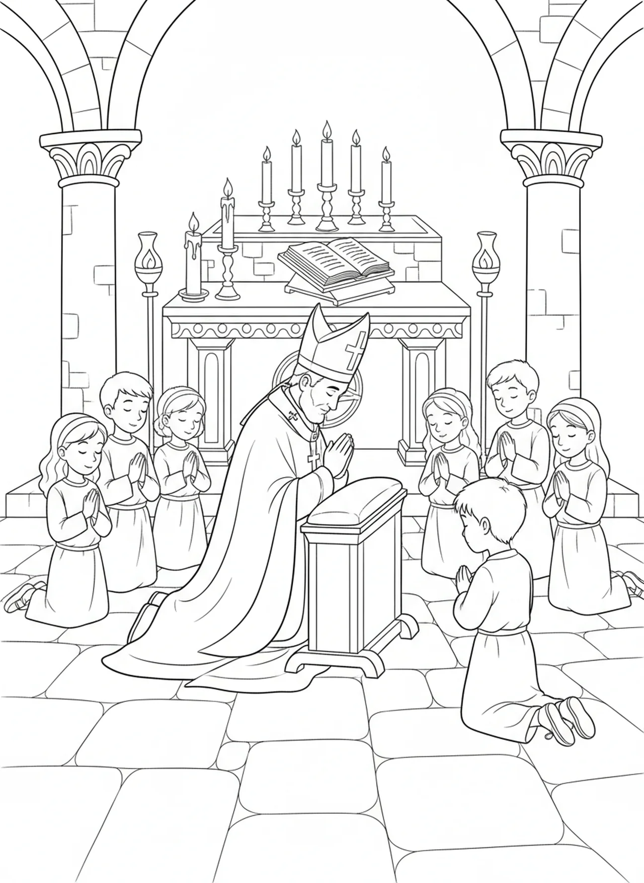 L'Évêque Mitre priant avec des enfants, page à colorier de l'Évêque Mitre pour les enfants de catéchisme âgés de 5 à 12 ans.