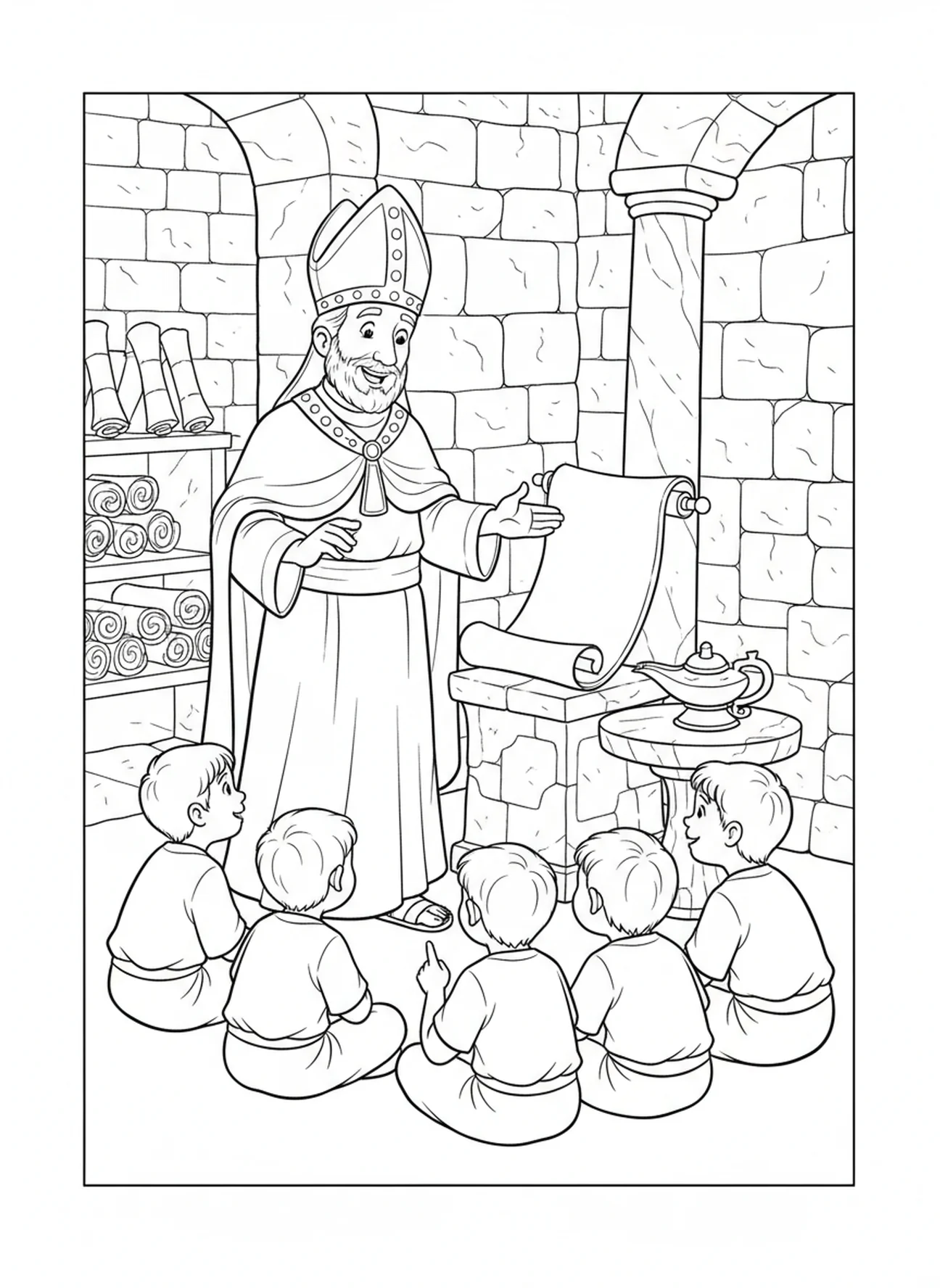 L'Évêque Mitre enseignant des enfants, page à colorier de l'Évêque Mitre pour les enfants de l'École du dimanche âgés de 5 à 12 ans.