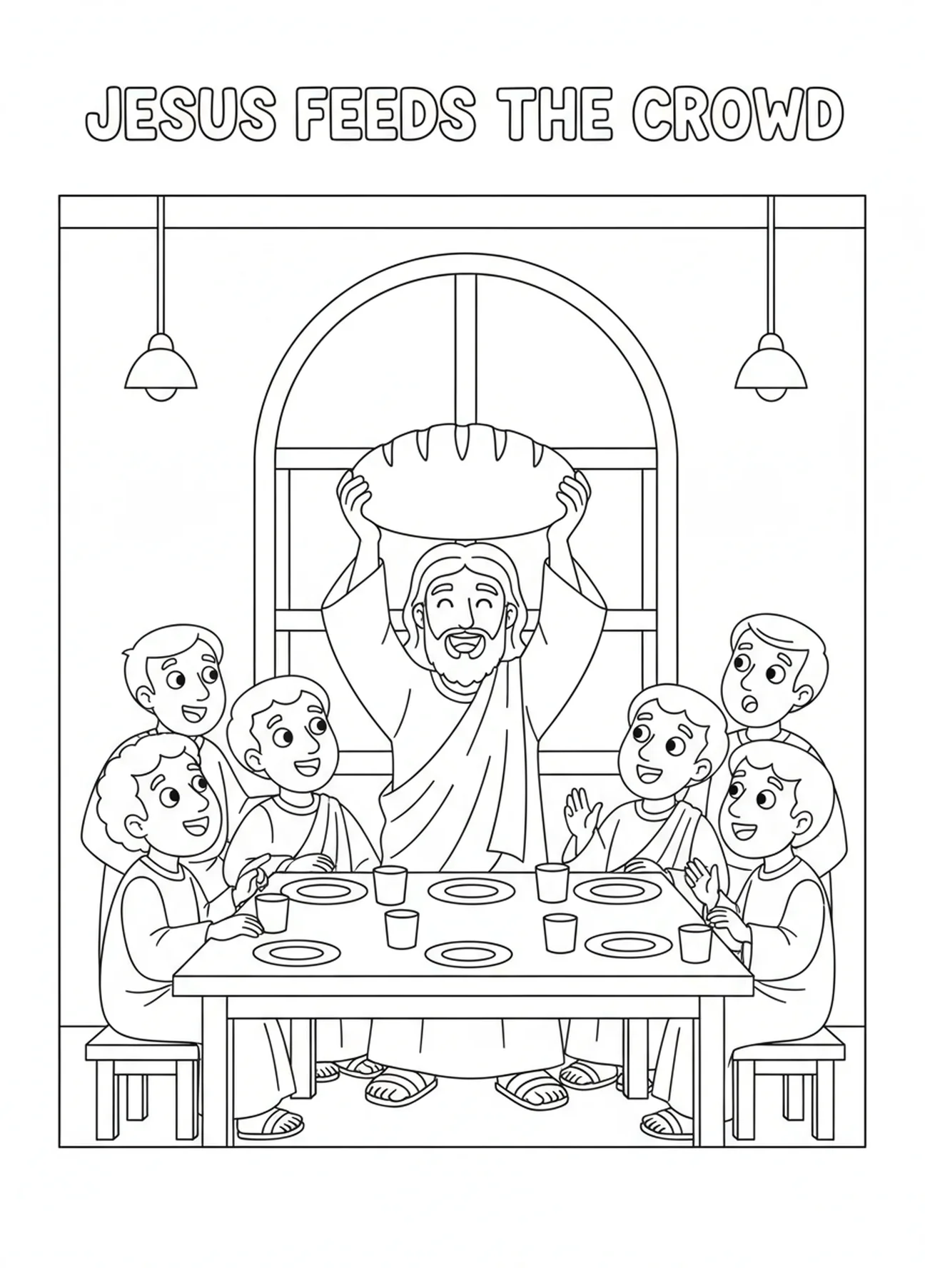 Jésus bénissant le pain, page à colorier sur l'Hostie pour les enfants de 5 à 10 ans