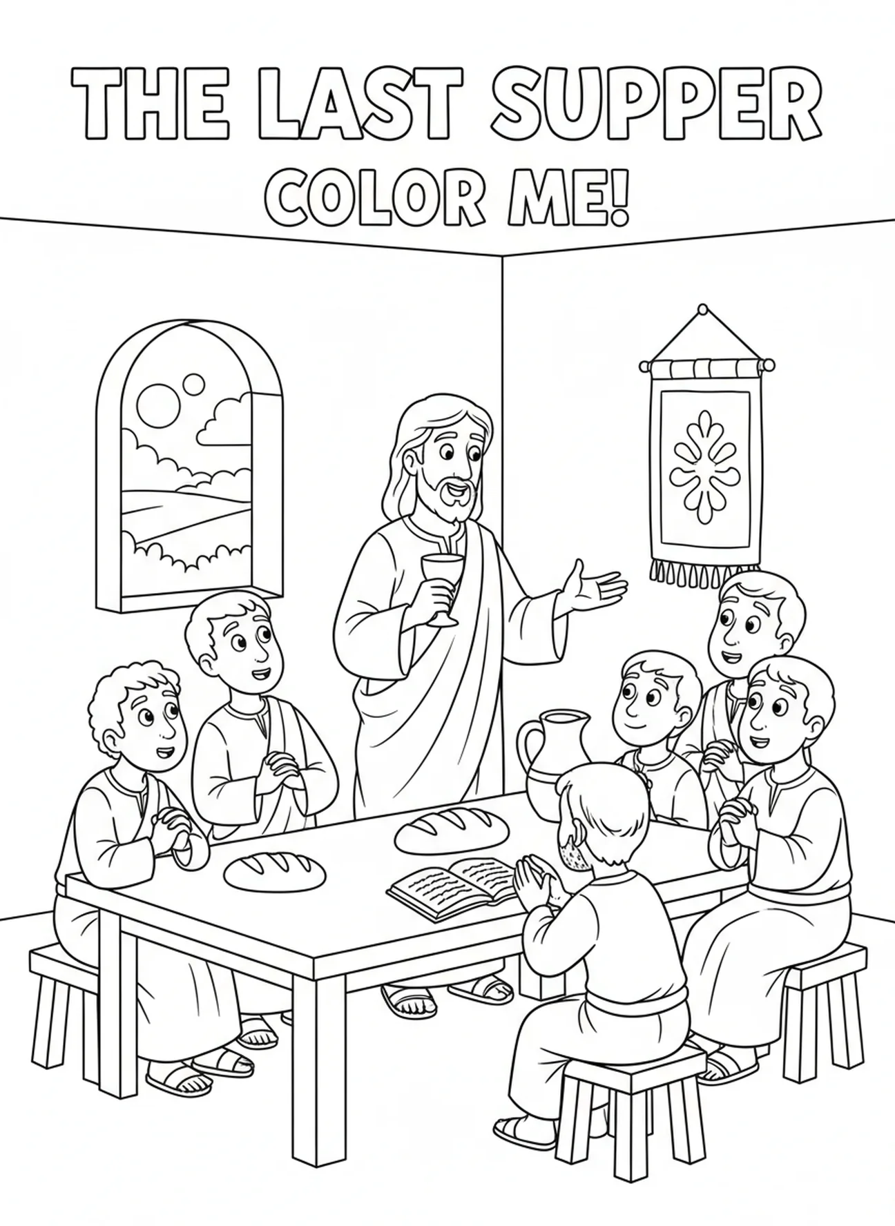 Jésus tenant la coupe, page à colorier sur l'Hostie pour les enfants de 5 à 10 ans