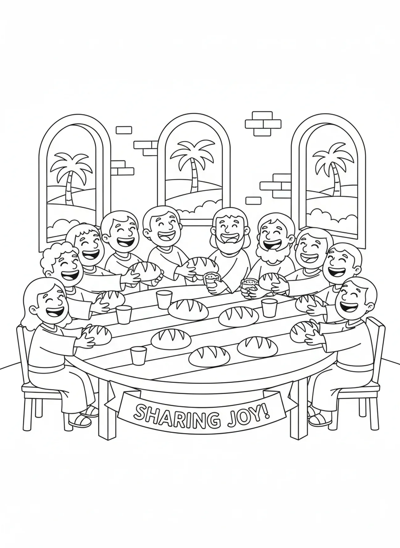 Disciples partageant le pain, page à colorier sur l'Hostie pour enfants de 5 à 10 ans