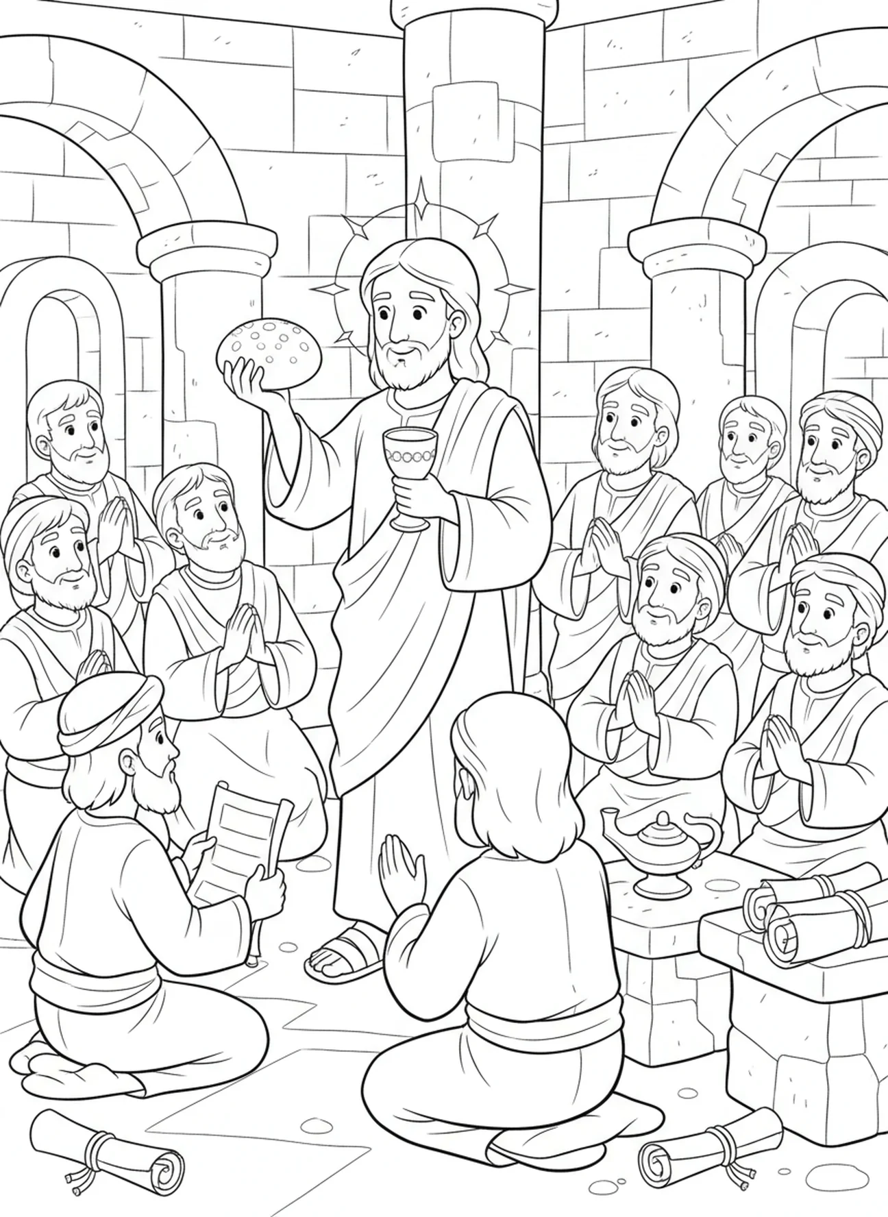 Jésus bénissant le pain et la coupe, page à colorier sur l'Hostie pour les enfants de l'École du dimanche âgés de 5 à 12 ans.