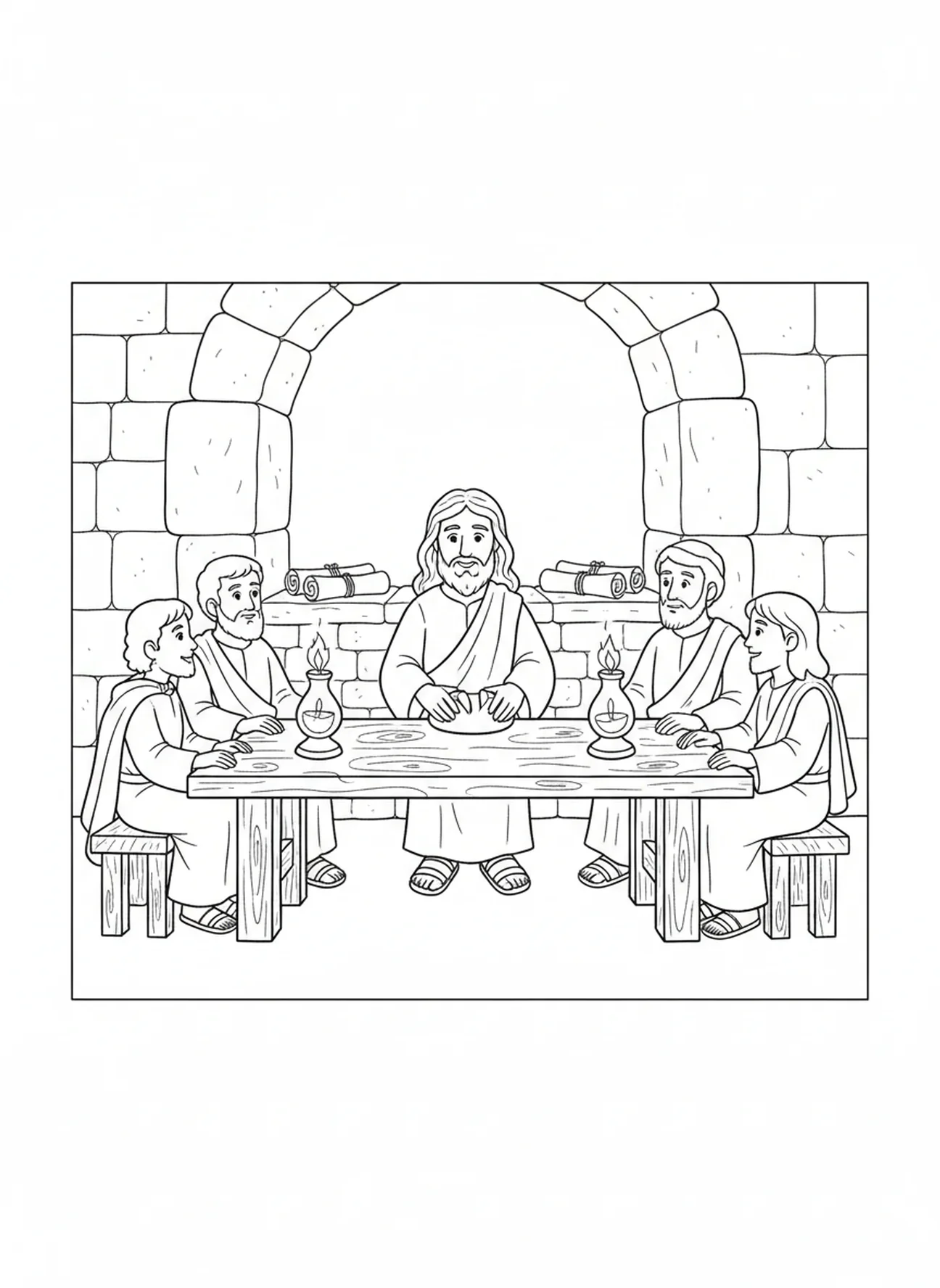 Jésus rompant le pain, page à colorier de l'Hostie de Communion pour les enfants de l'École du dimanche âgés de 5 à 12 ans.