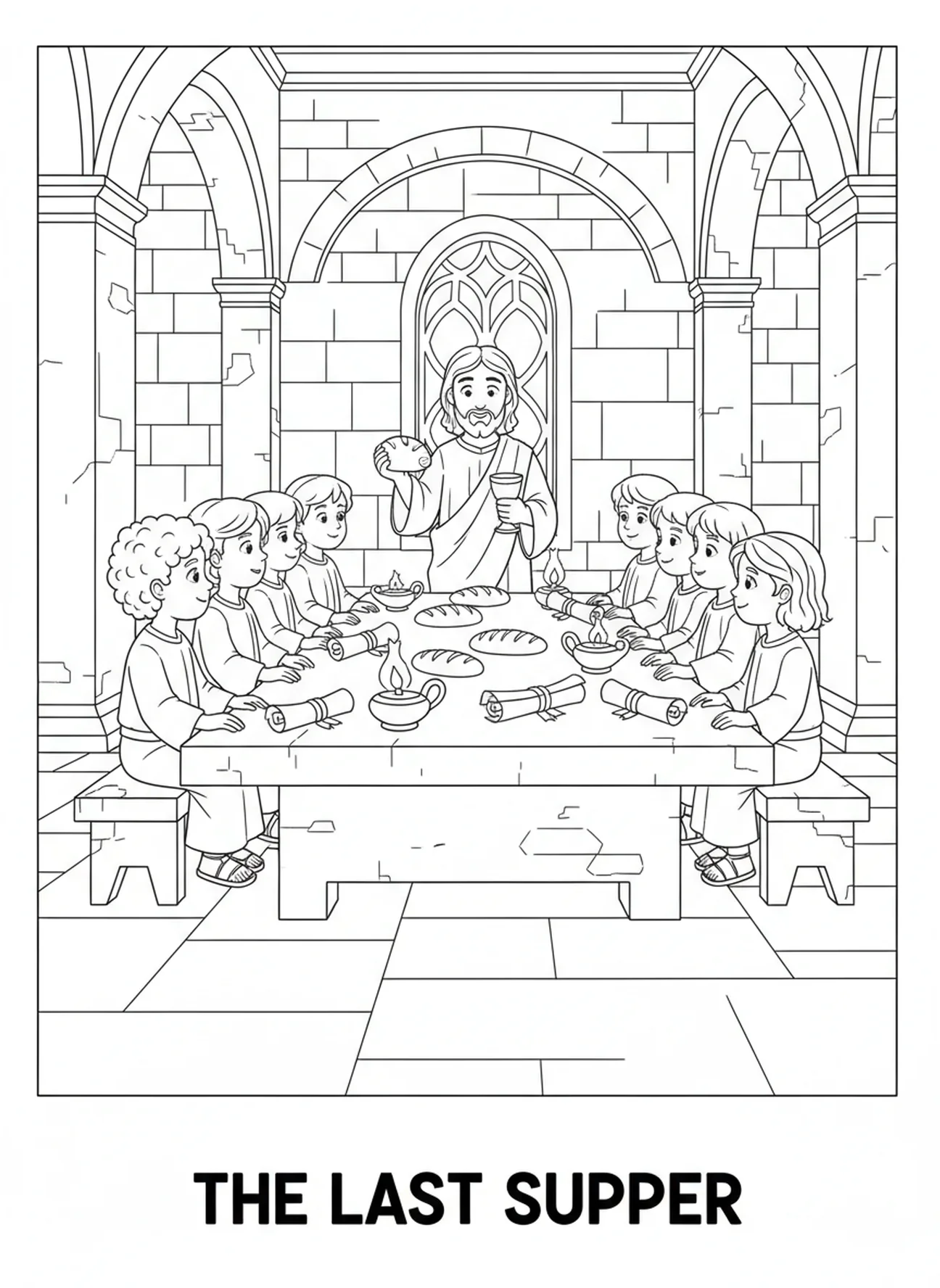Disciples rassemblés autour, page à colorier sur l'Hostie pour les enfants de l'École du dimanche âgés de 5 à 12 ans.