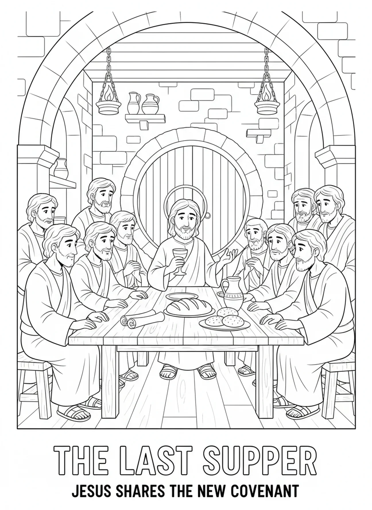 Jésus tenant une coupe de vin, page à colorier sur l'Hostie de Communion pour les enfants de l'École du dimanche âgés de 5 à 12 ans.