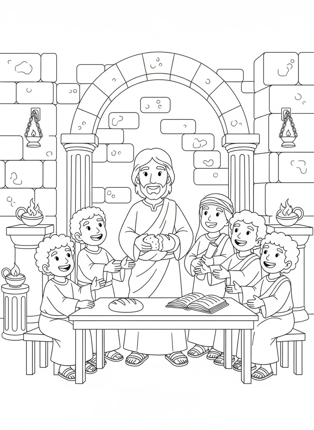 Jésus partageant le pain, page à colorier sur l'Hostie pour les enfants de l'École du dimanche âgés de 5 à 12 ans.