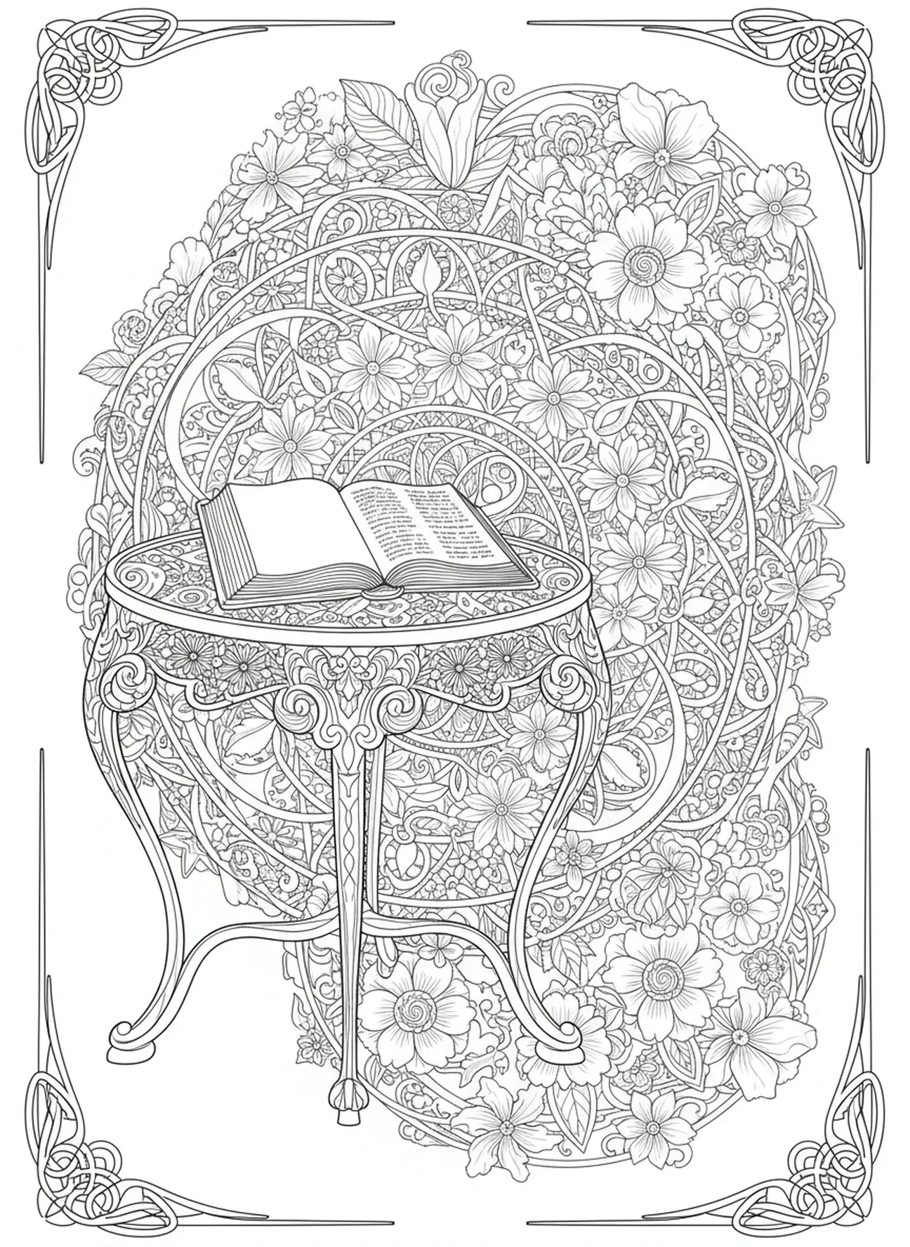 Otwarta Biblia na ozdobnym stole, kolorowanka na Bierzmowanie dla dorosłych w stylu journalingu biblijnego.