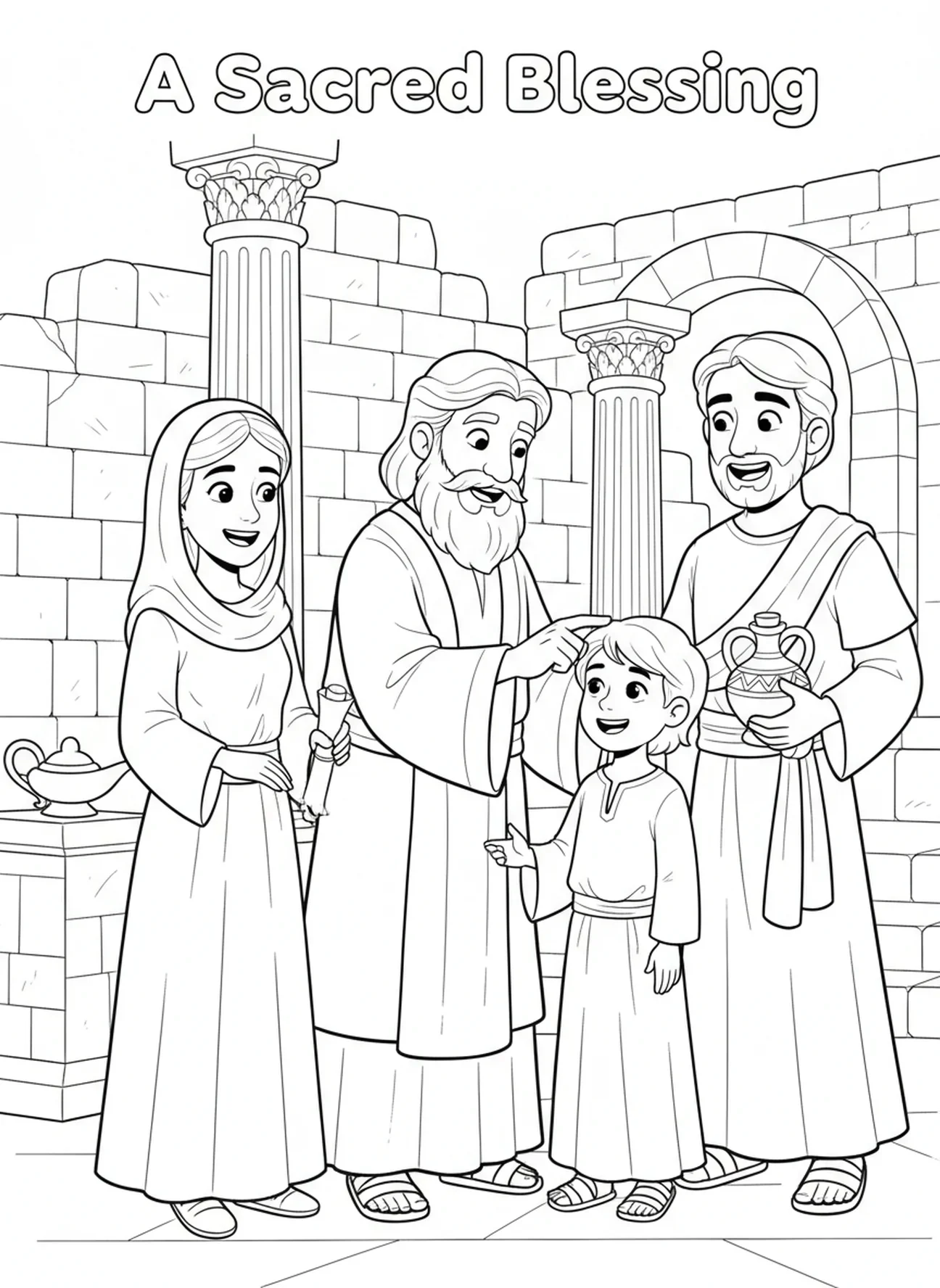 Priester salbt Kind mit Öl, Ausmalbild zur Firmung für Sonntagsschulkinder im Alter von 5-12 Jahren.