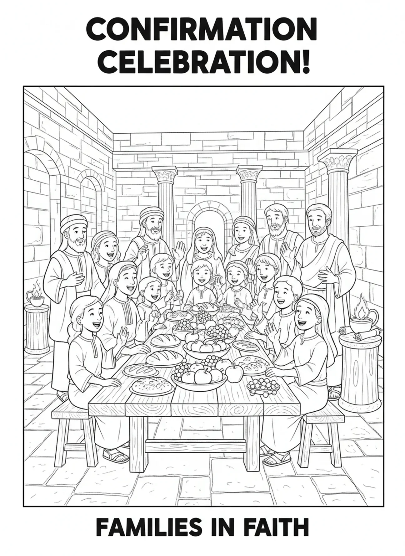 Familien feiern mit einem Festmahl, Ausmalbild zur Firmung für Sonntagsschulkinder im Alter von 5-12 Jahren.