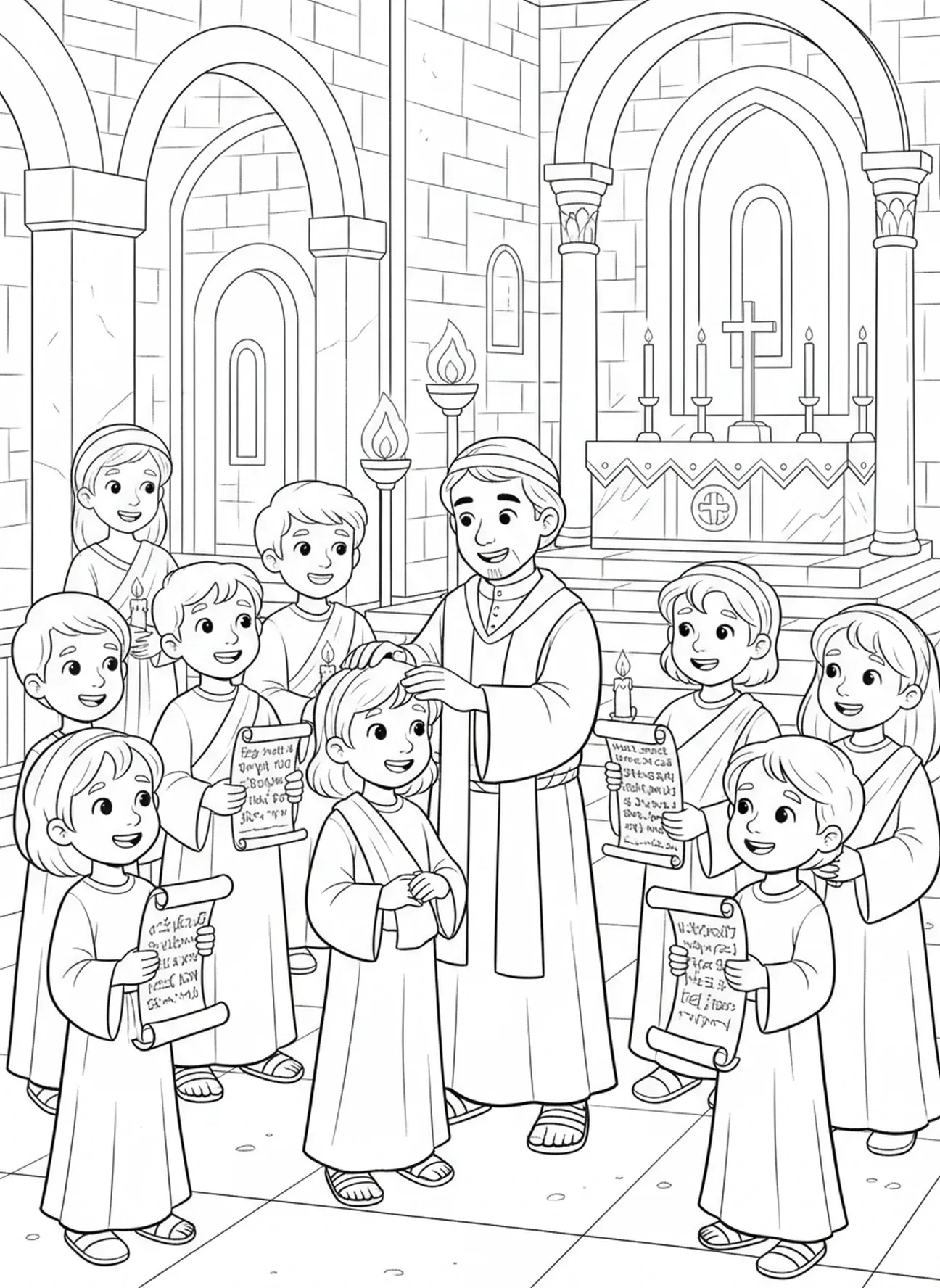 Kinder empfangen die Firmung, Ausmalbild zur Firmung für Sonntagsschulkinder im Alter von 5-12 Jahren.