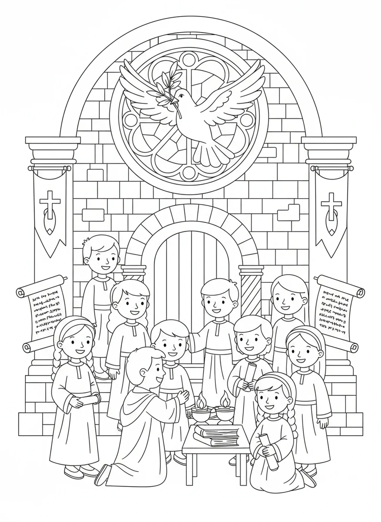 Taube, die mit einem Olivenzweig herabsteigt, Malvorlage zur Firmung für Kinder im Alter von 5-12 Jahren in der Sonntagsschule.