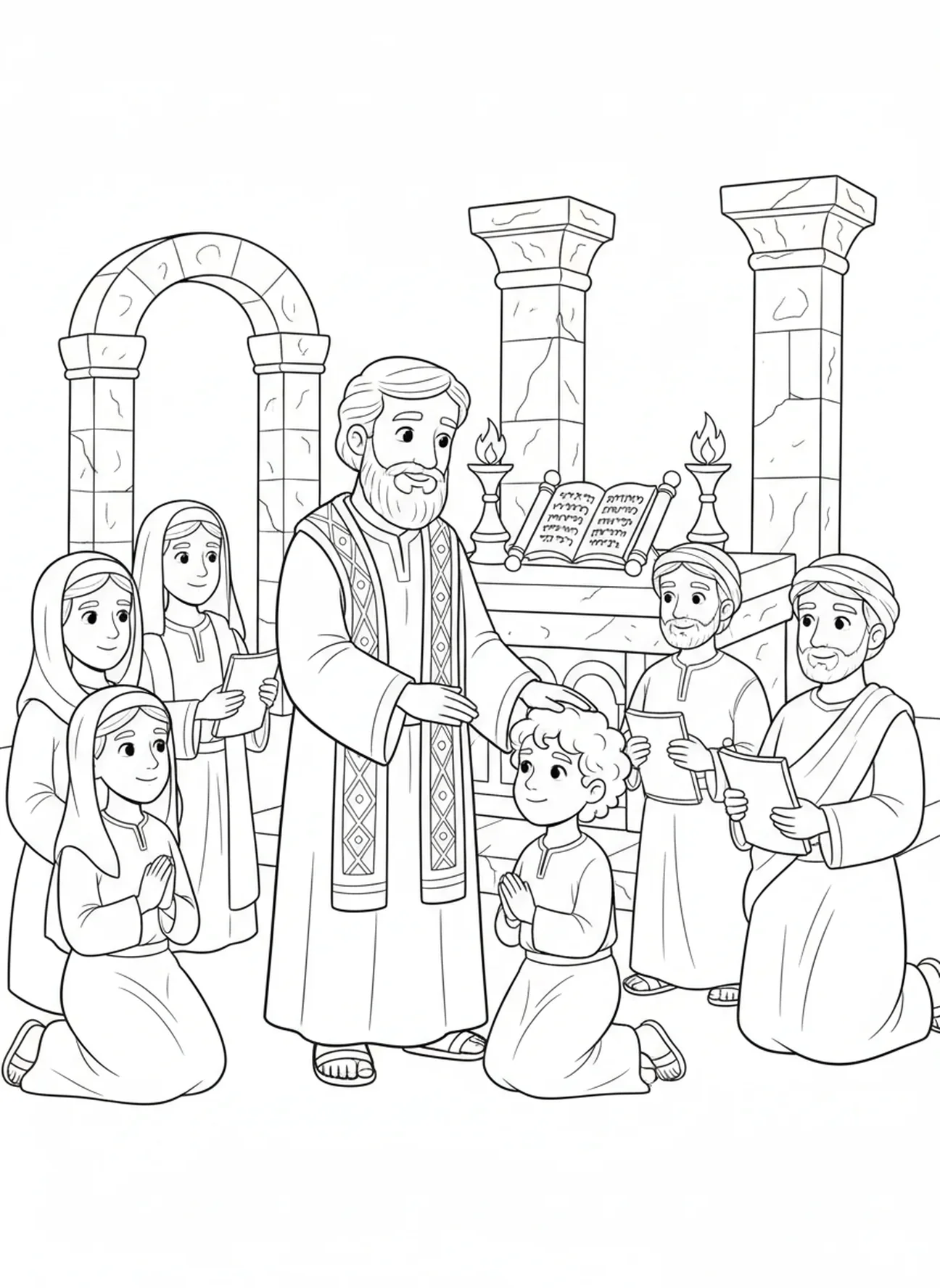 Priester legt einem Kind die Hände auf, Ausmalbild zur Firmung für Sonntagsschulkinder im Alter von 5-12 Jahren.