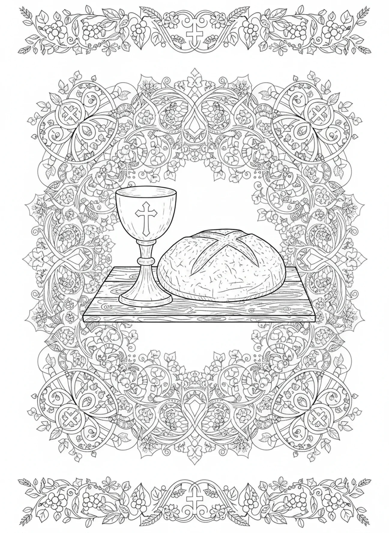 Kelch und Brot, Eucharist Malvorlage für Erwachsene im Bibel-Journaling-Stil