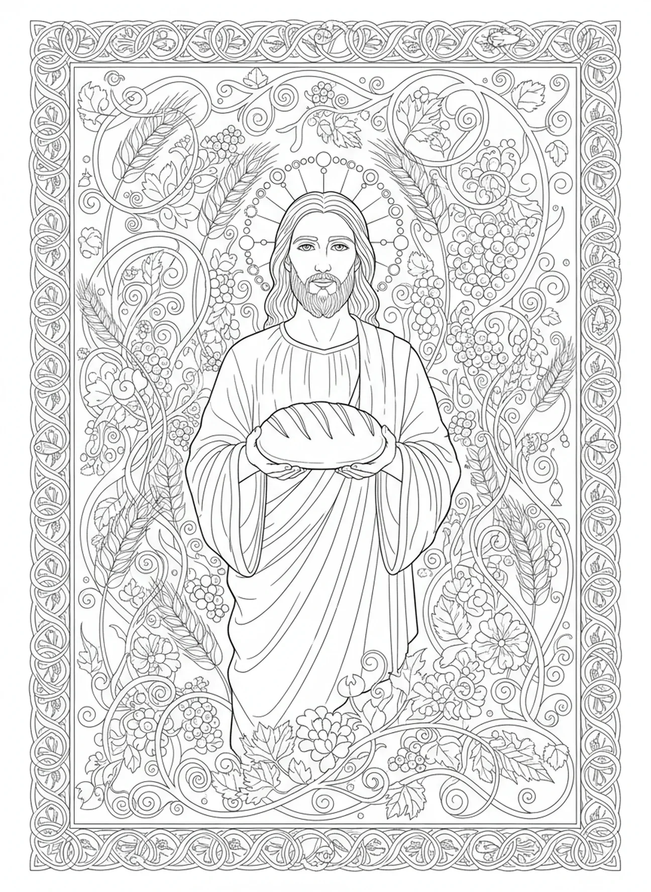 Jesus mit Brot, Ausmalbild zur Eucharistie für Erwachsene im Stil des Bibel-Journaling
