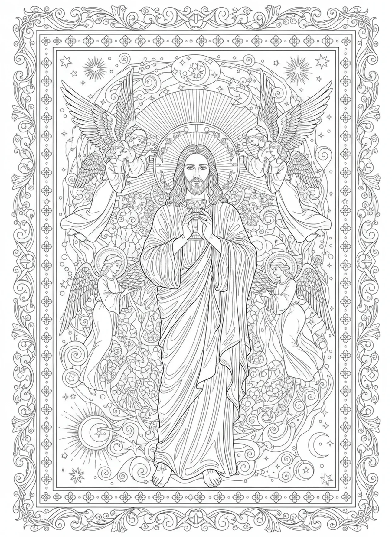 Jesus segnet den Kelch, Ausmalbild zur Eucharistie für Erwachsene im Bibeljournal-Stil