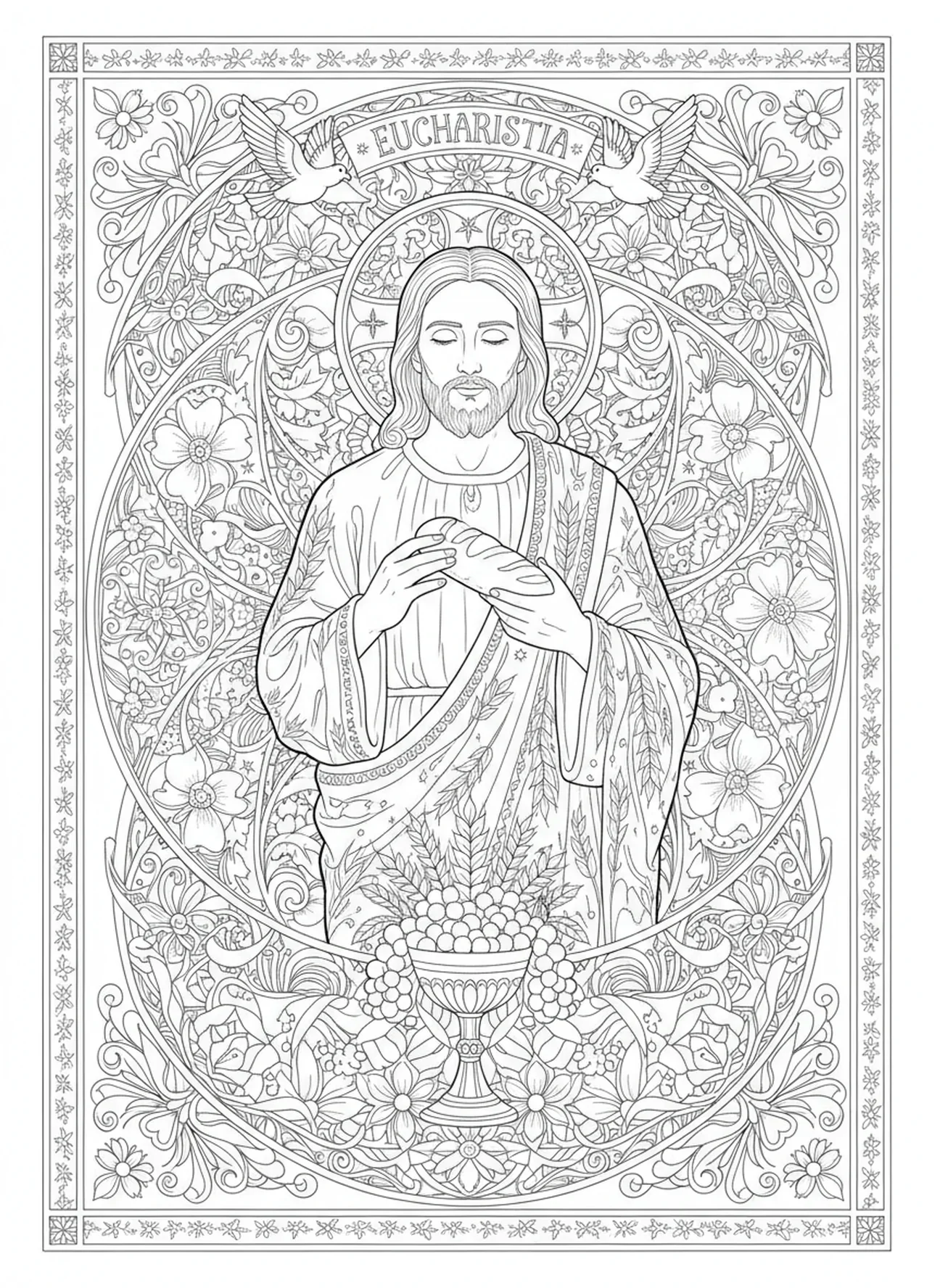 Jesus bricht das Brot, Ausmalbild zur Eucharistie für Erwachsene im Stil des Bibel-Journalings