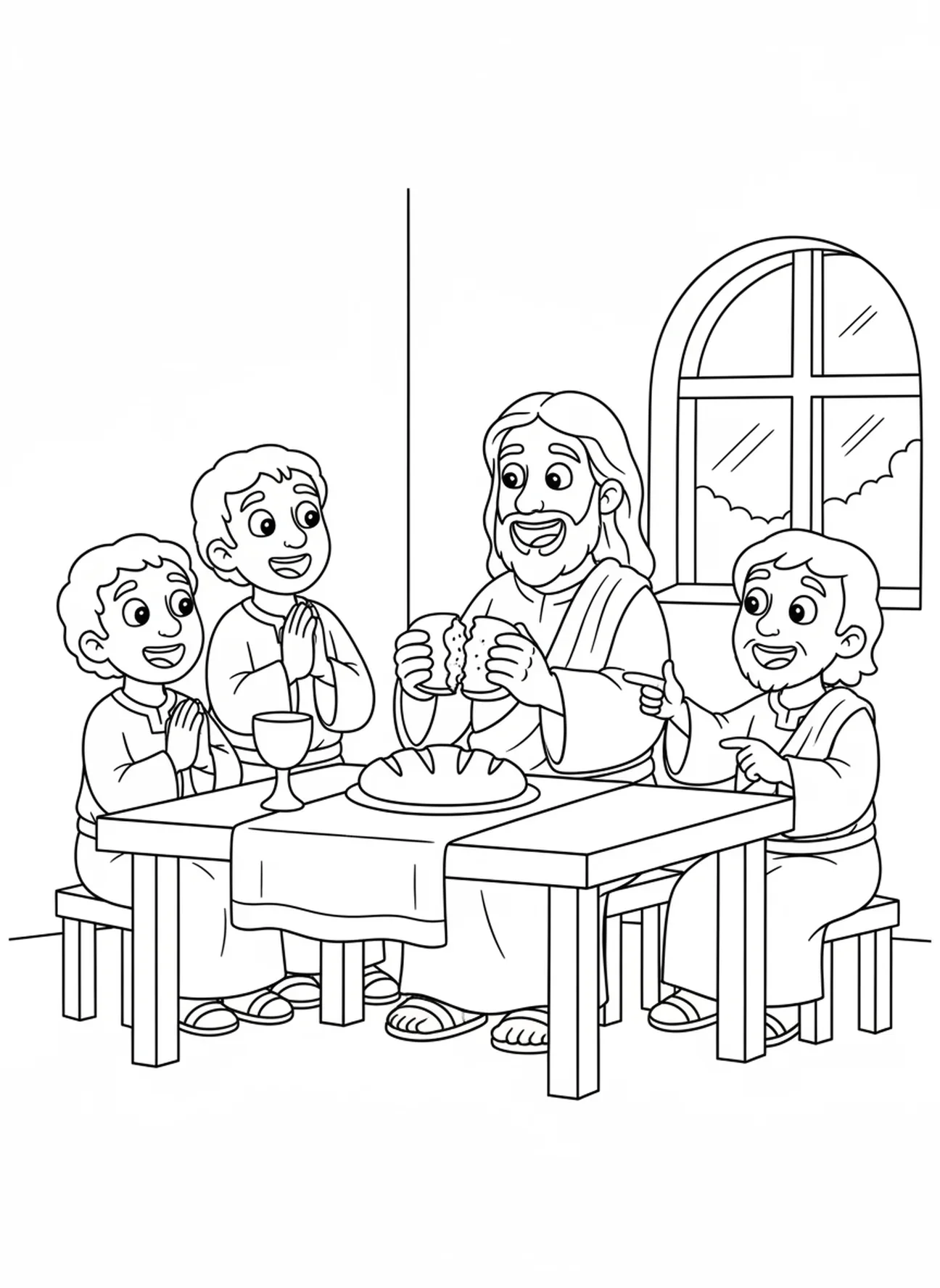 Jésus rompant le pain, page à colorier sur l'Eucharistie pour les enfants de 5 à 10 ans