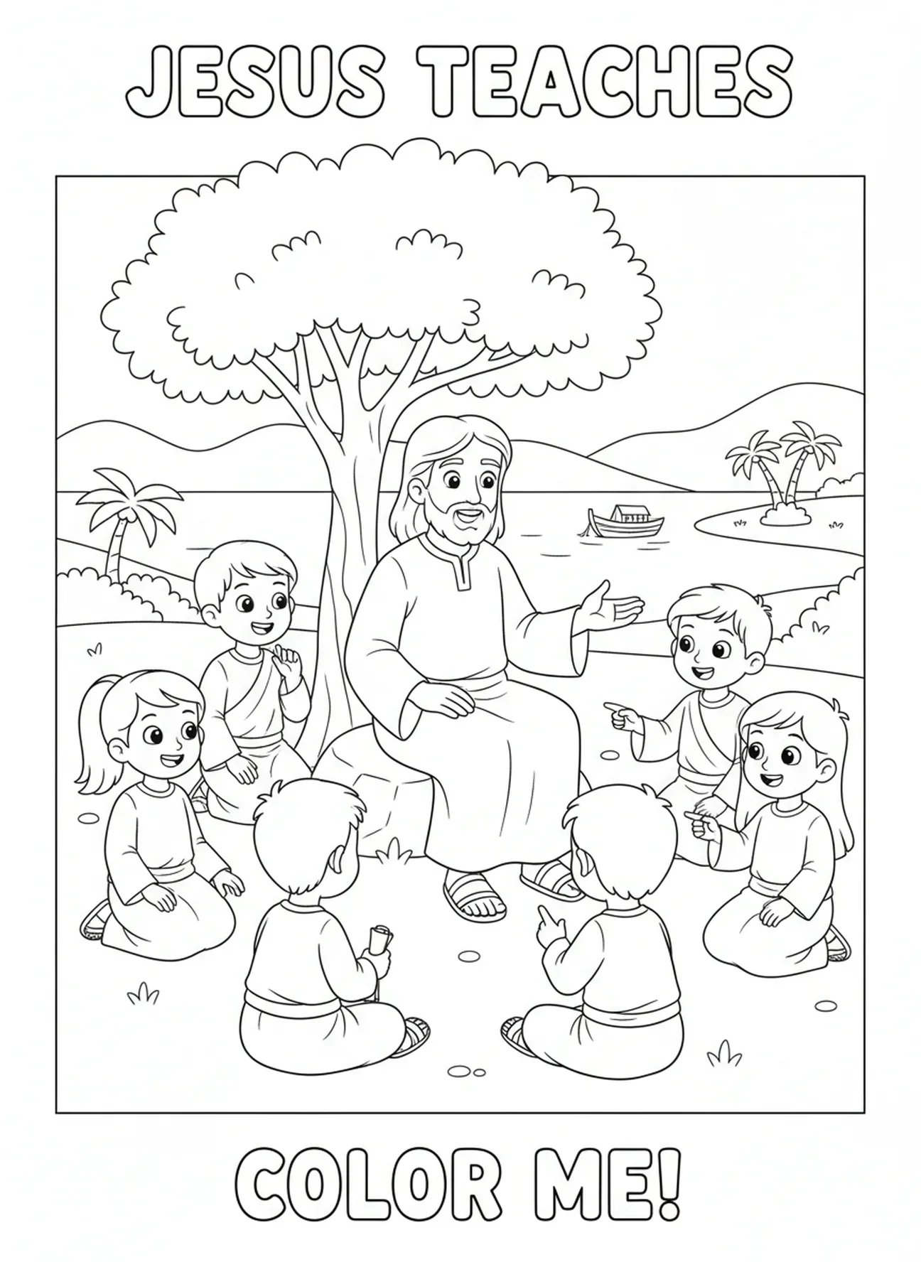 Disciples écoutant Jésus, page à colorier sur l'Eucharistie pour les enfants de 5 à 10 ans