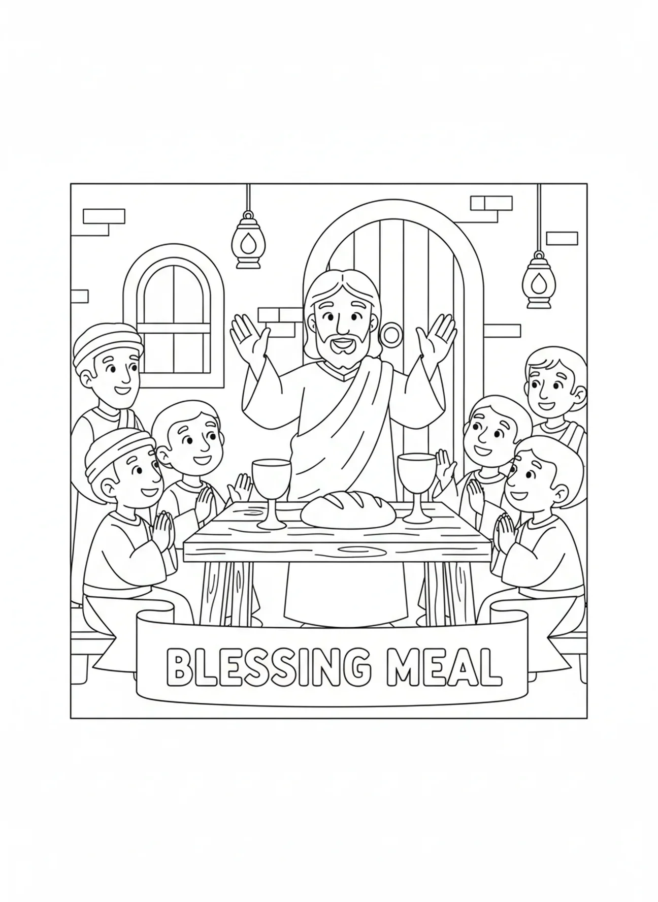 Jésus bénissant le pain et la coupe, page à colorier Eucharistique pour enfants de 5 à 10 ans