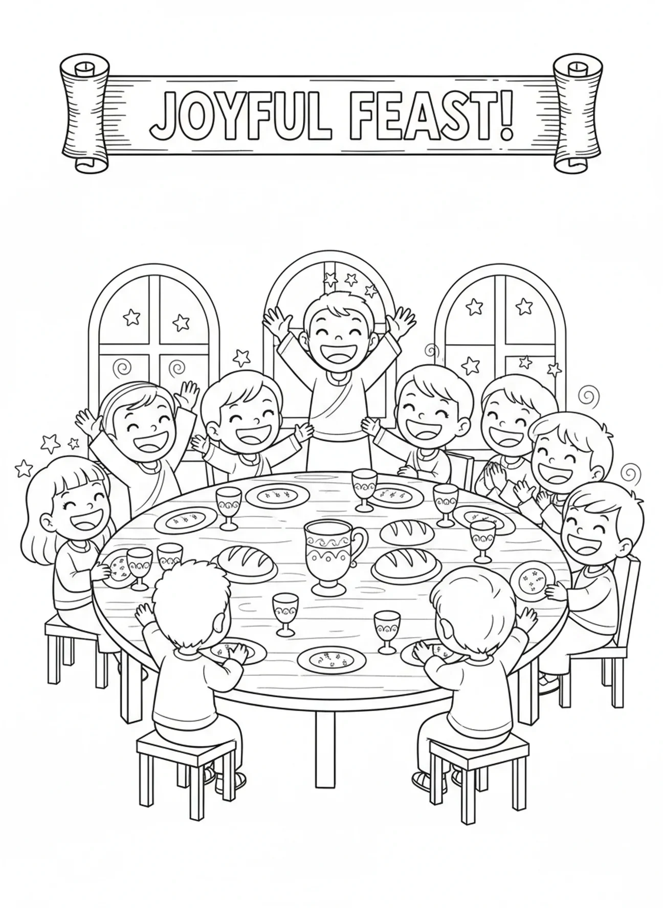 Disciples joyeux à la table, page à colorier sur l'Eucharistie pour les enfants de 5 à 10 ans