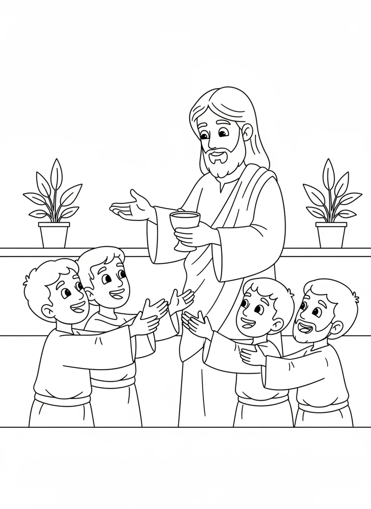 Jésus partageant une coupe, page à colorier sur l'Eucharistie pour les enfants de 5 à 10 ans