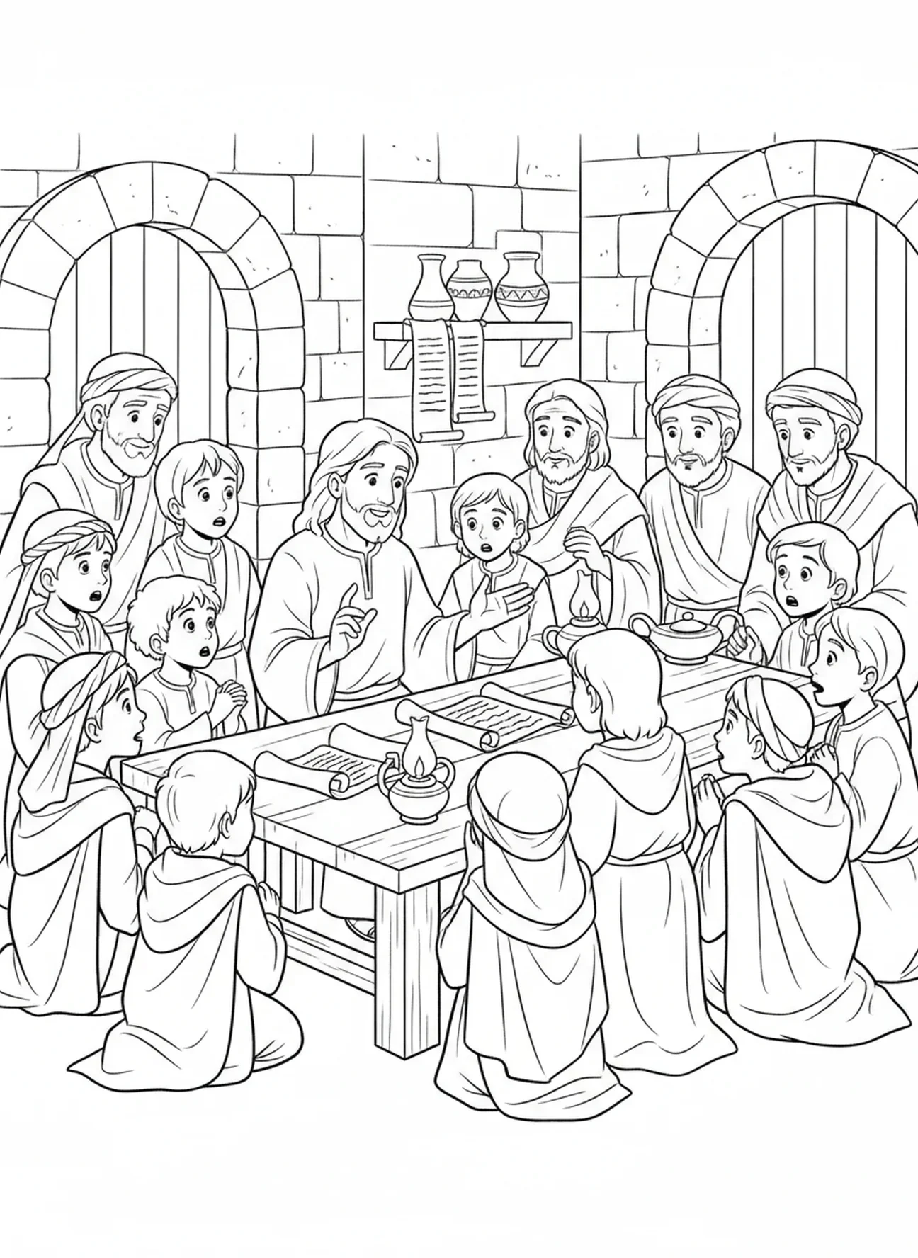 Discípulos escuchando a Jesús, página para colorear de la Eucaristía para niños de Escuela Dominical de 5 a 12 años.