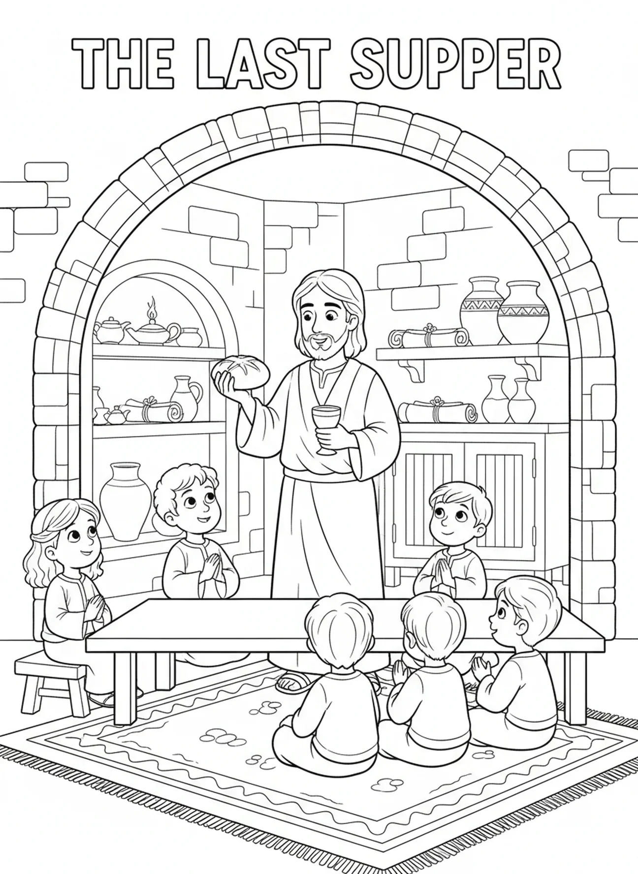 Jesús bendiciendo el pan y el vino, página para colorear de la Eucaristía para niños de Escuela Dominical de 5 a 12 años.