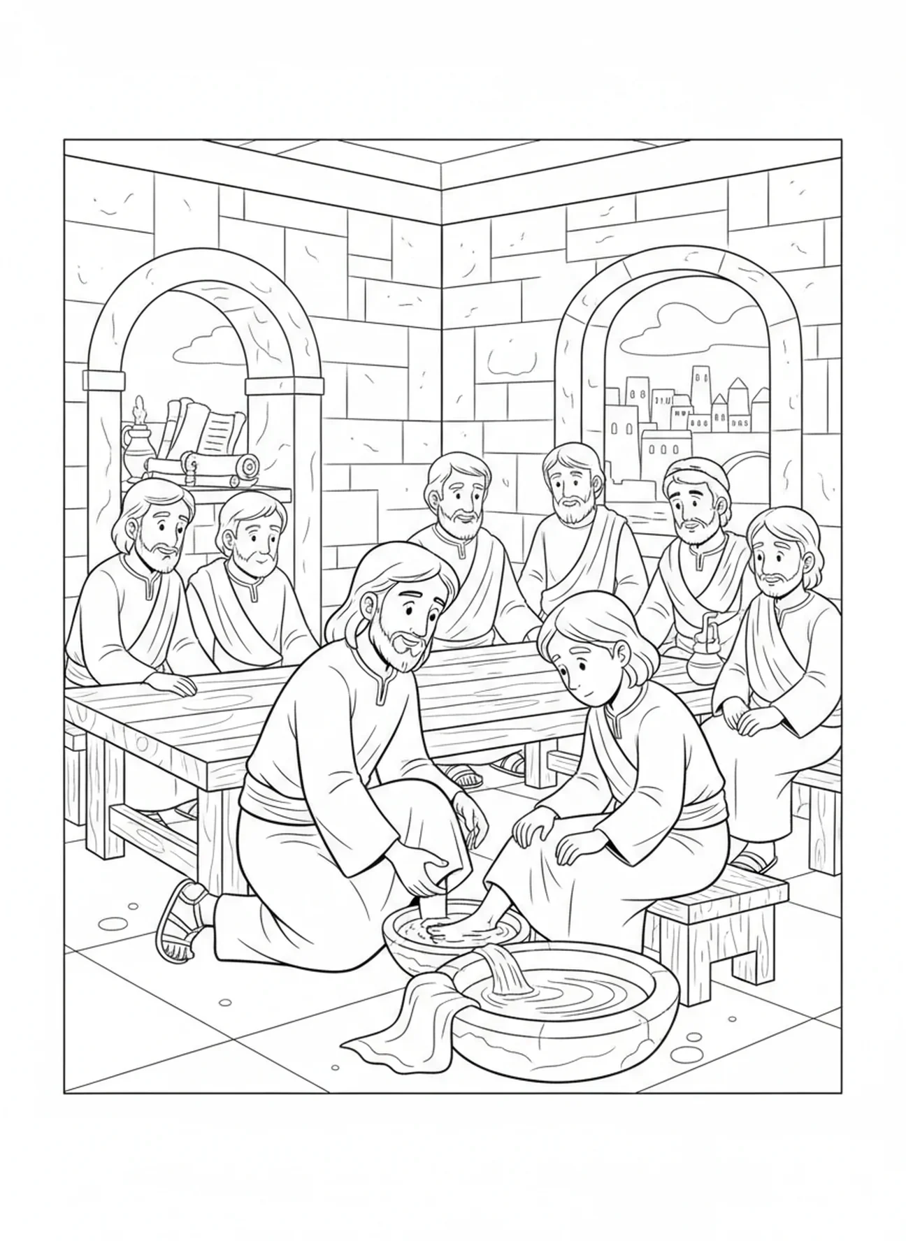 Jesús lavando los pies de los discípulos, página para colorear de la Eucaristía para niños de la Escuela Dominical de 5 a 12 años.