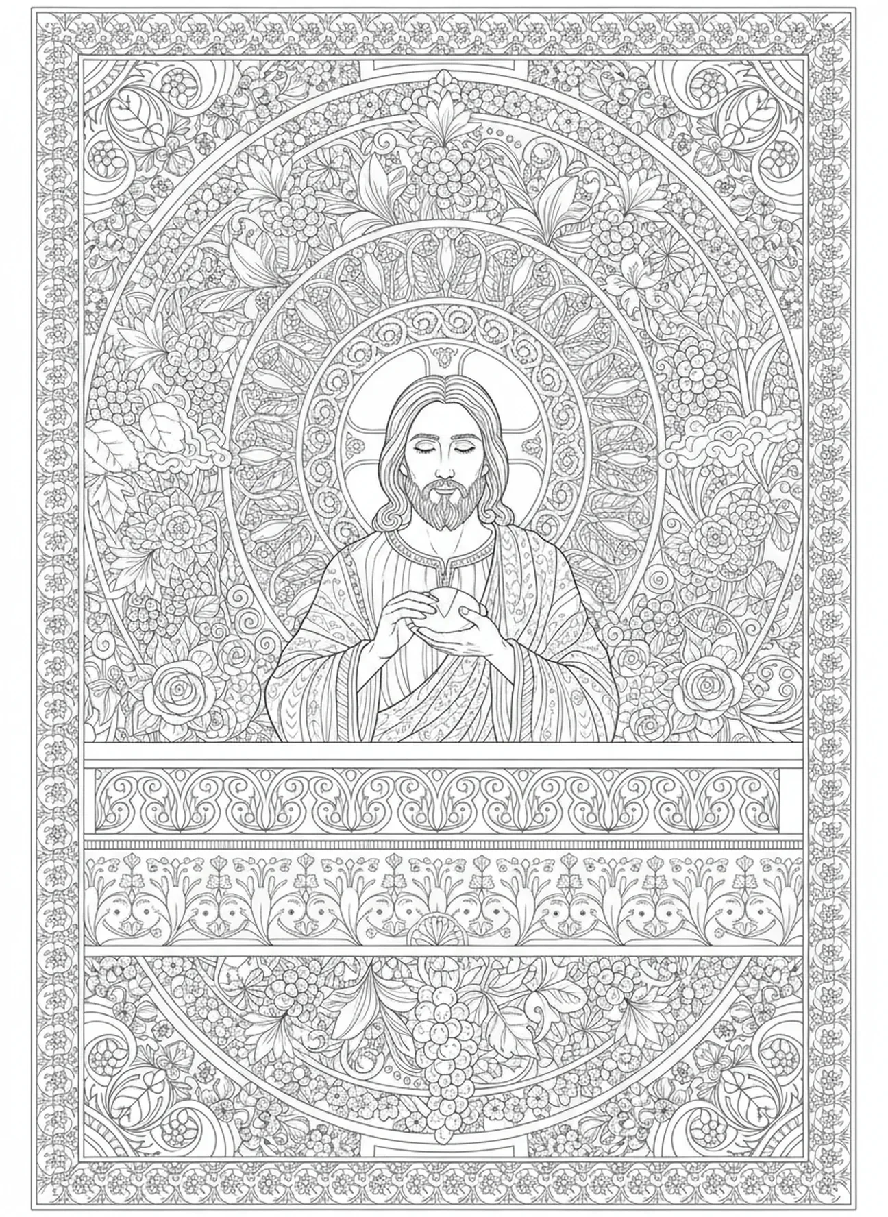 Jesus segnet das Brot am Tisch, Ausmalbild vom letzten Abendmahl im Stil des Bibel-Journalings für Erwachsene.