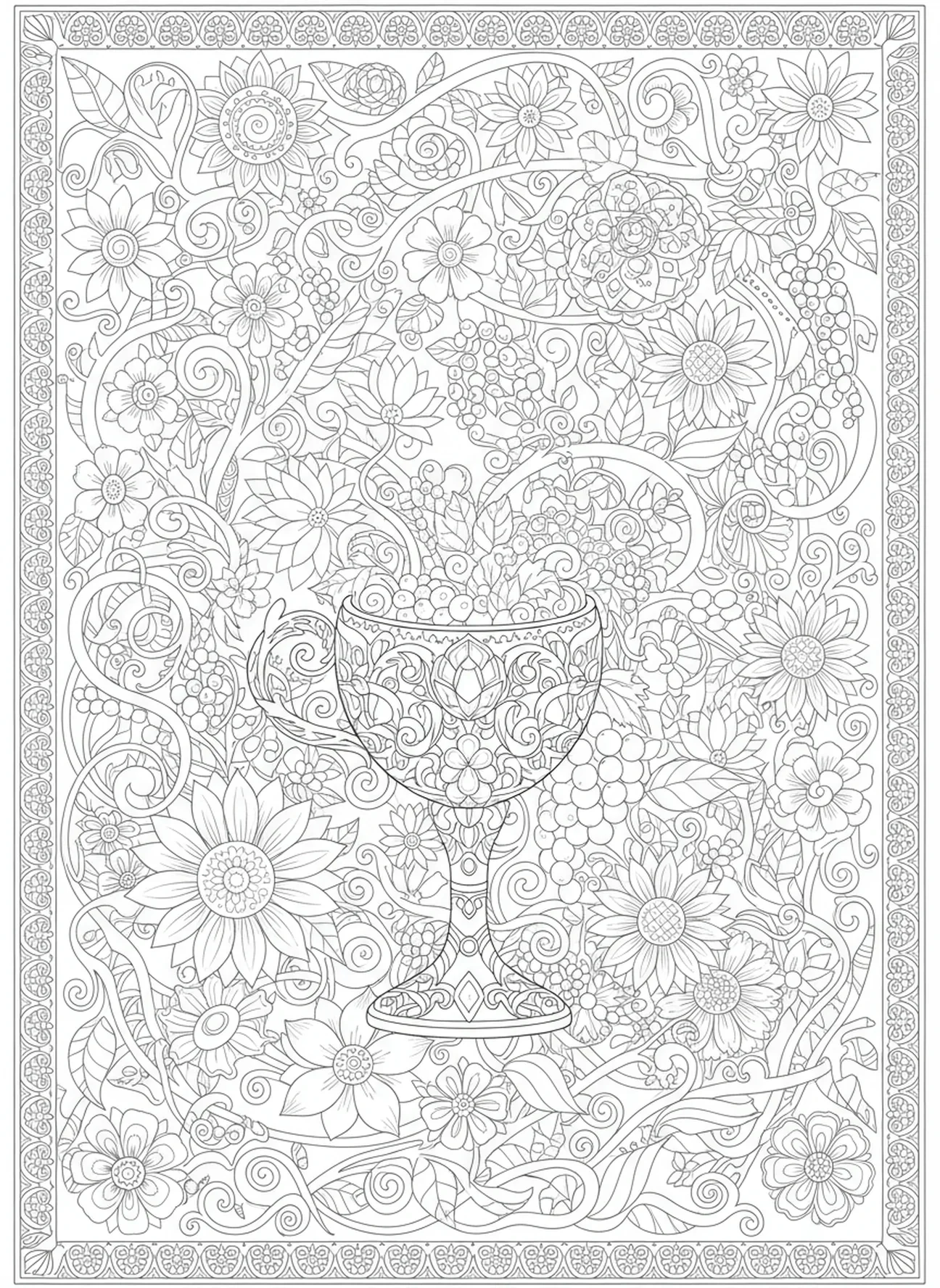 Weinkelch umgeben von floralen Mustern, Ausmalbild vom letzten Abendmahl im Stil des Bibeljournaling für Erwachsene.