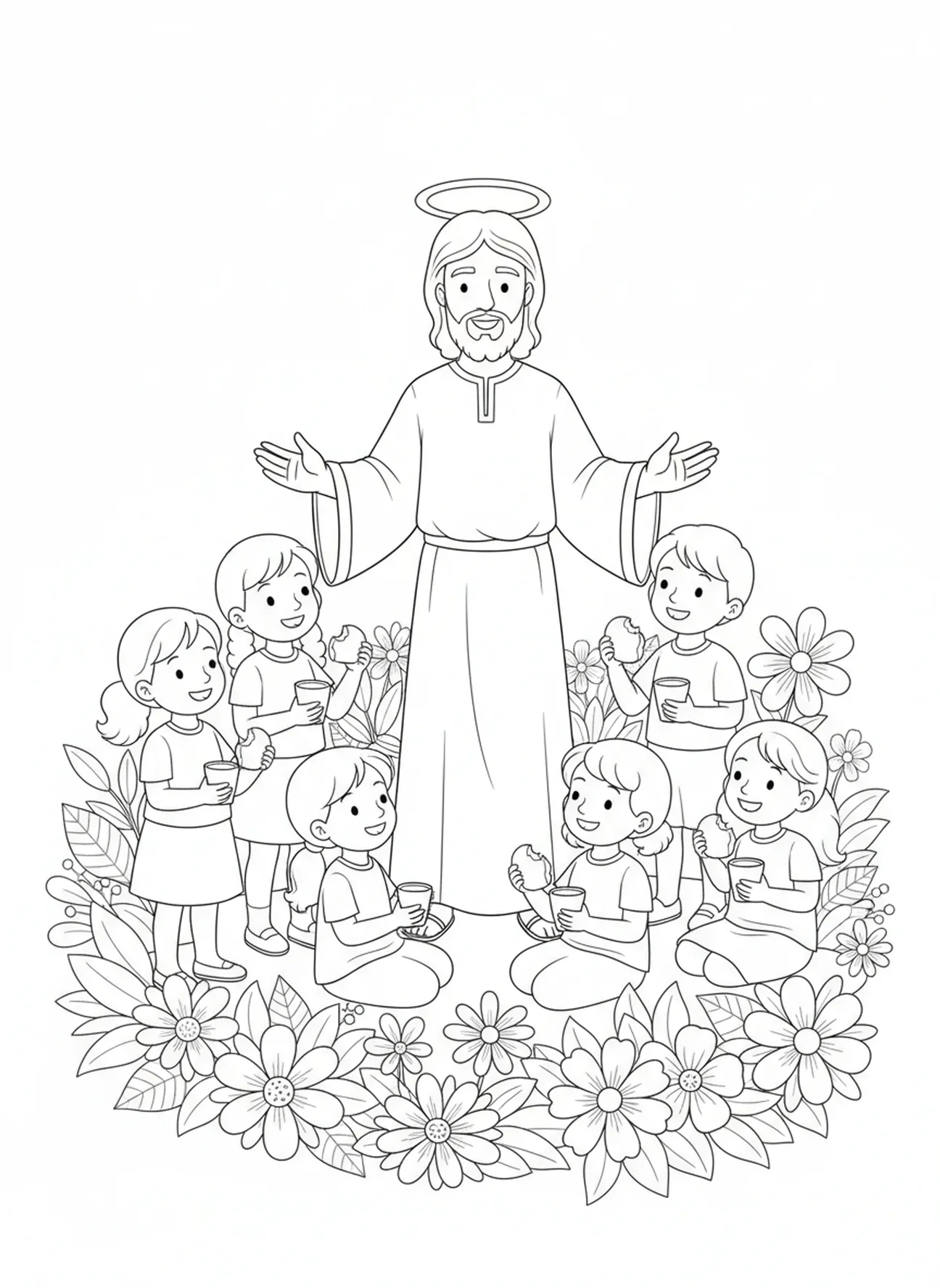 Jesus abençoando crianças, página para colorir da Última Ceia para crianças de 5 a 10 anos.