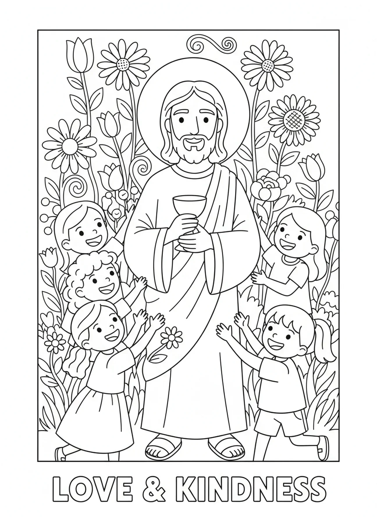 Jesus segurando o cálice, página de colorir da Última Ceia para crianças de 5 a 10 anos.