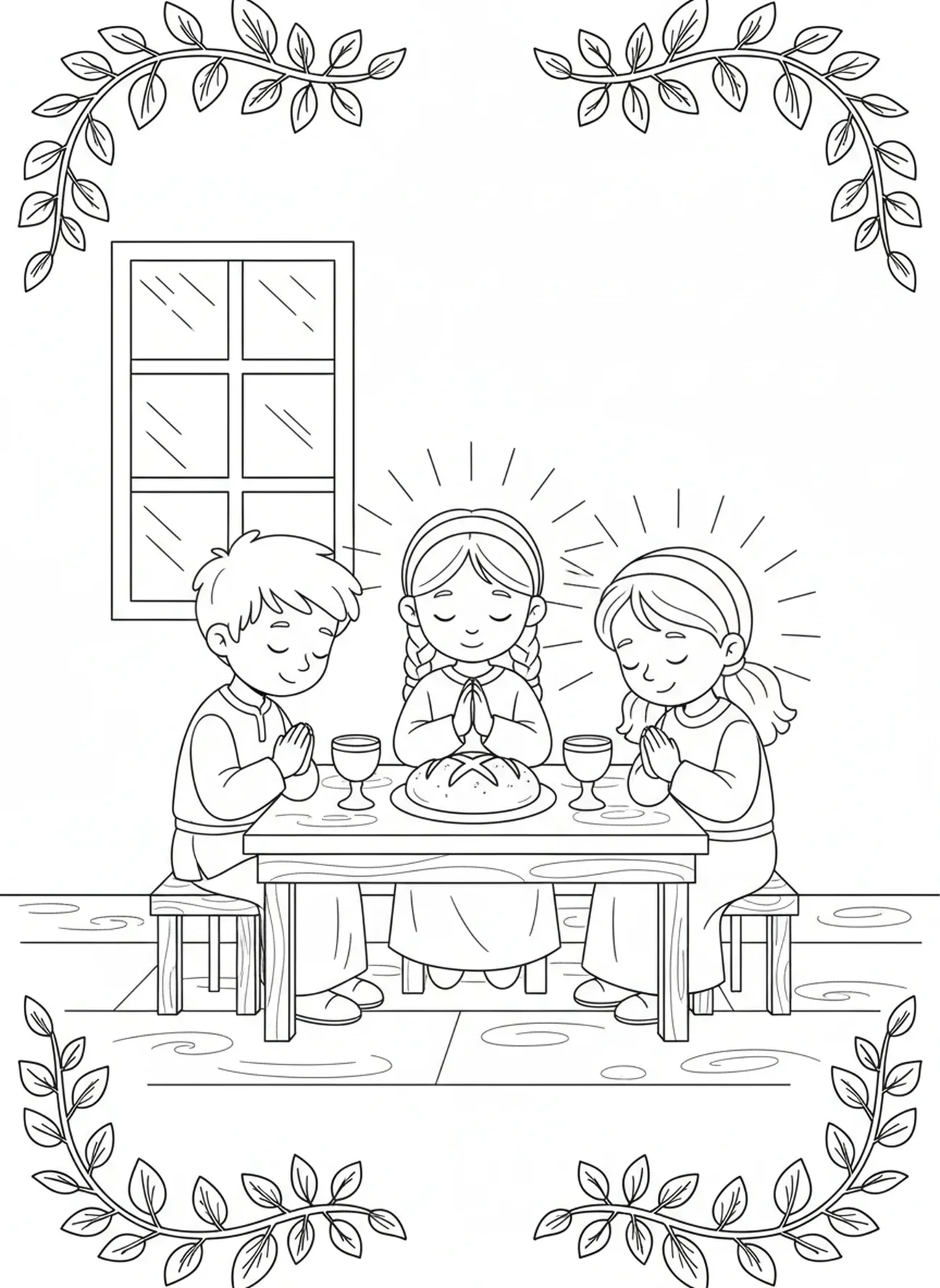 Crianças orando à mesa, página para colorir da Última Ceia para crianças de 5 a 10 anos.