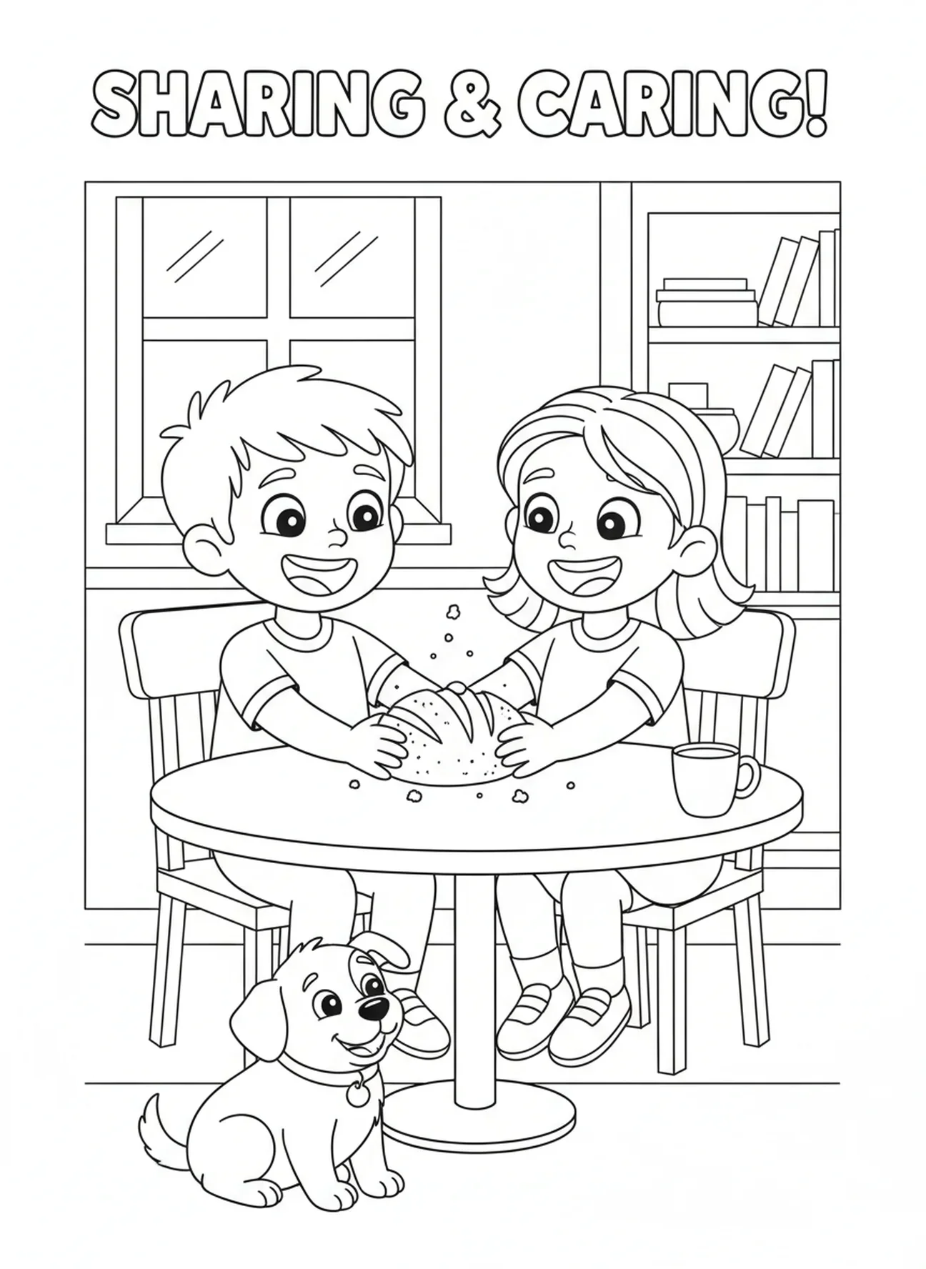 Crianças compartilhando pão, página para colorir da Última Ceia para crianças de 5 a 10 anos.