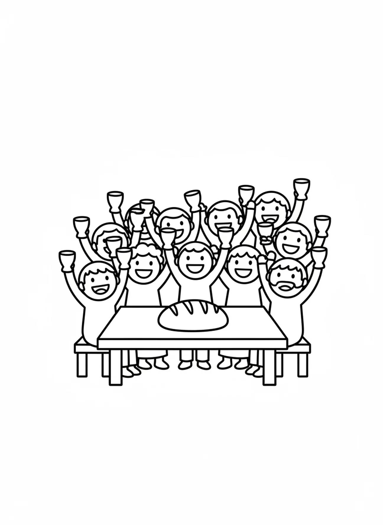 Disciples levant des coupes en célébration, page à colorier pour la Première Communion destinée aux enfants de 3 à 5 ans.