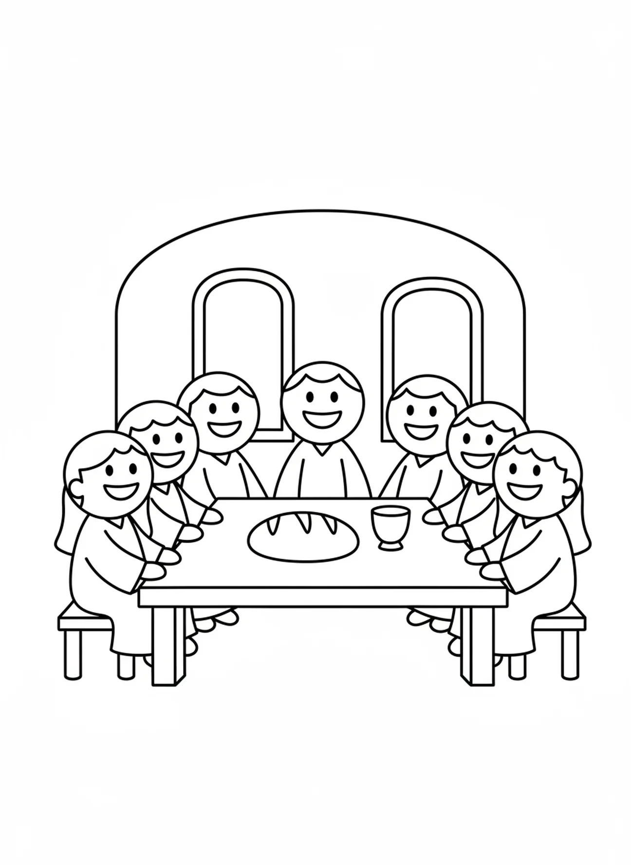 Disciples rassemblés autour d'une table, page à colorier pour la Première Communion destinée aux enfants de 3 à 5 ans.