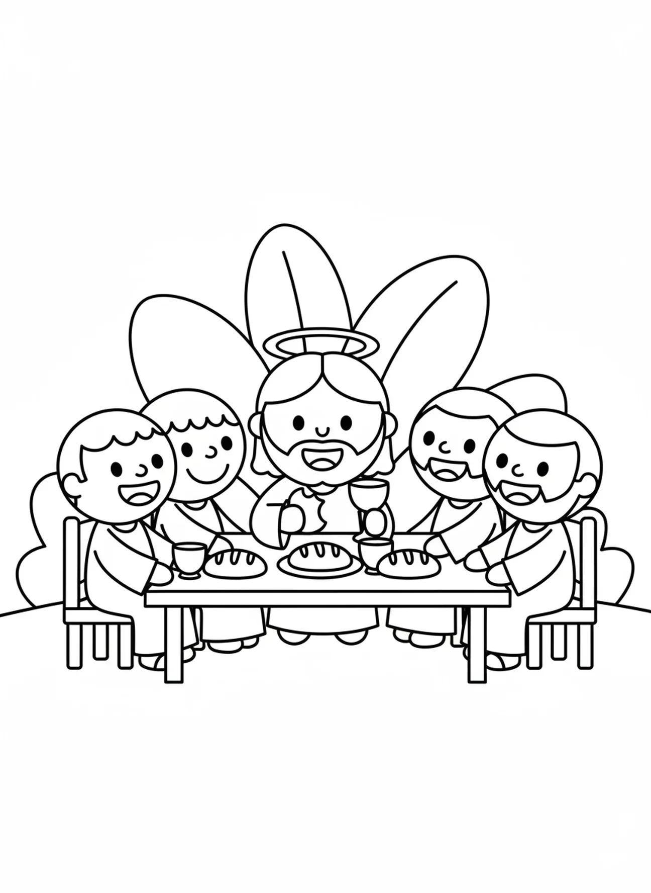 Jésus et ses disciples à une table, page à colorier pour la Première Communion pour les enfants de 3 à 5 ans.