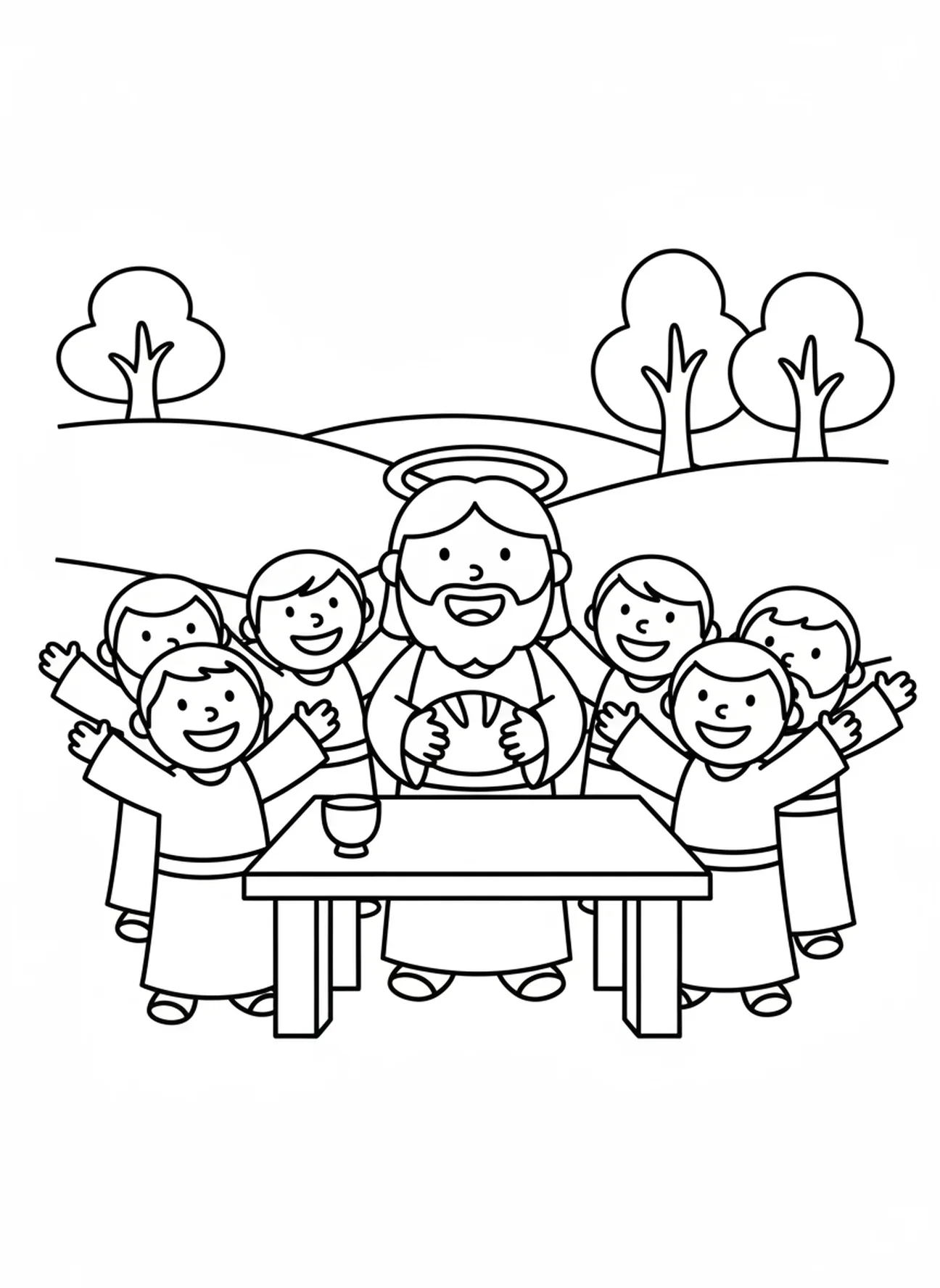 Jésus rompant le pain, page à colorier pour la Première Communion pour les enfants d'âge préscolaire de 3 à 5 ans.