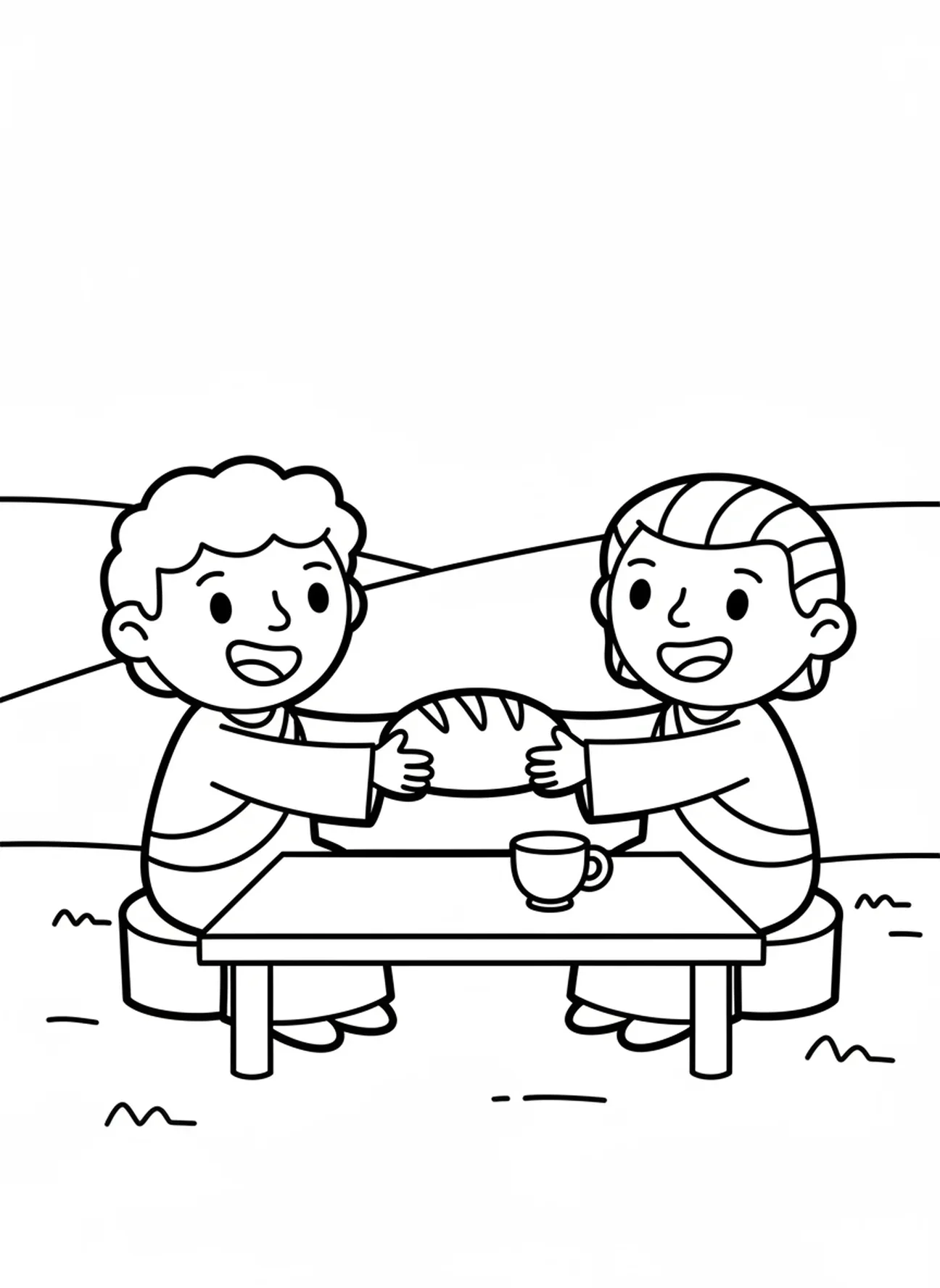 Disciple partageant du pain, page à colorier pour la Première Communion pour les enfants d'âge préscolaire de 3 à 5 ans.