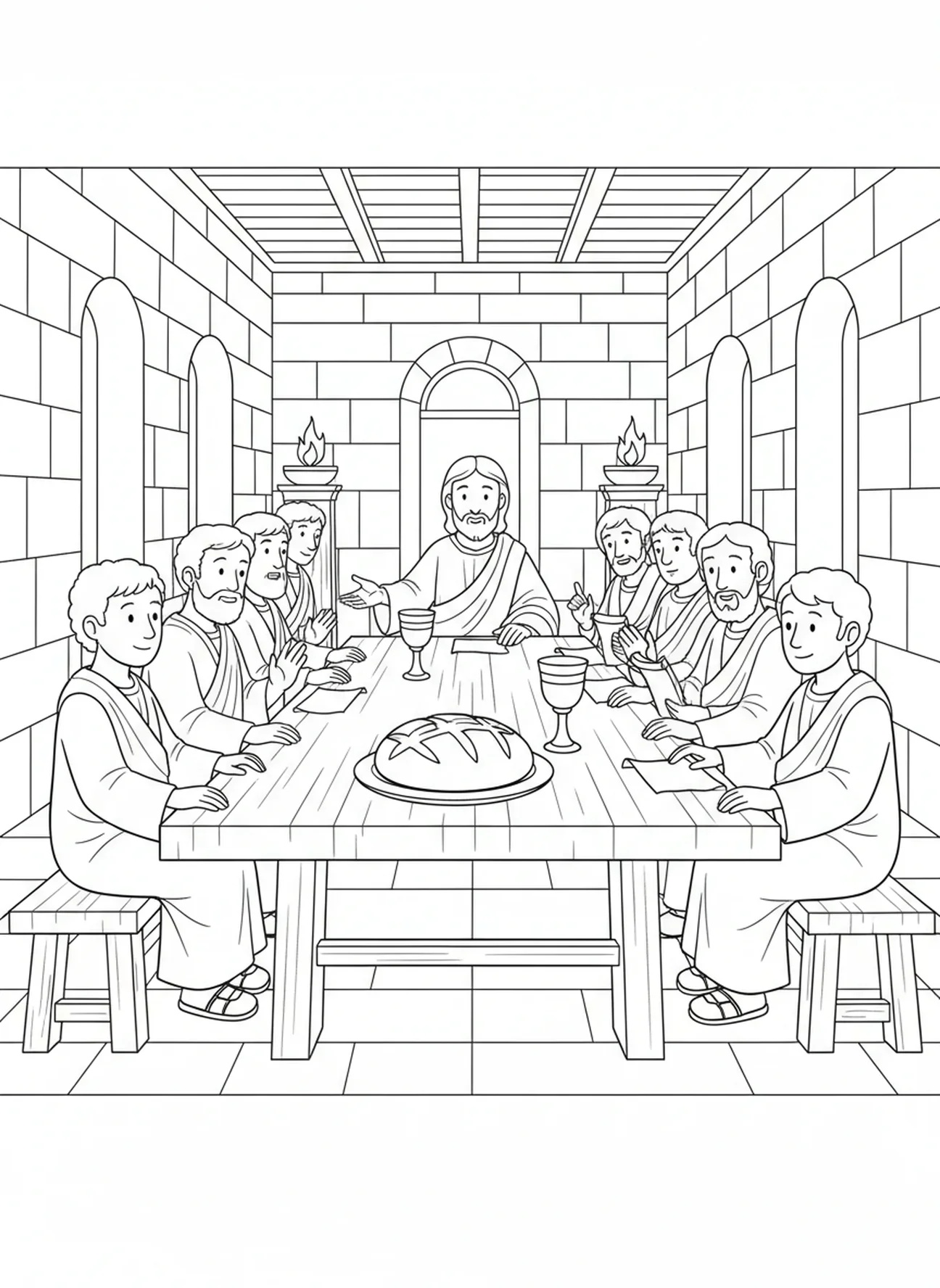 Pan y copa sobre la mesa, página para colorear de la Última Cena para niños de la Escuela Dominical de 5 a 12 años.