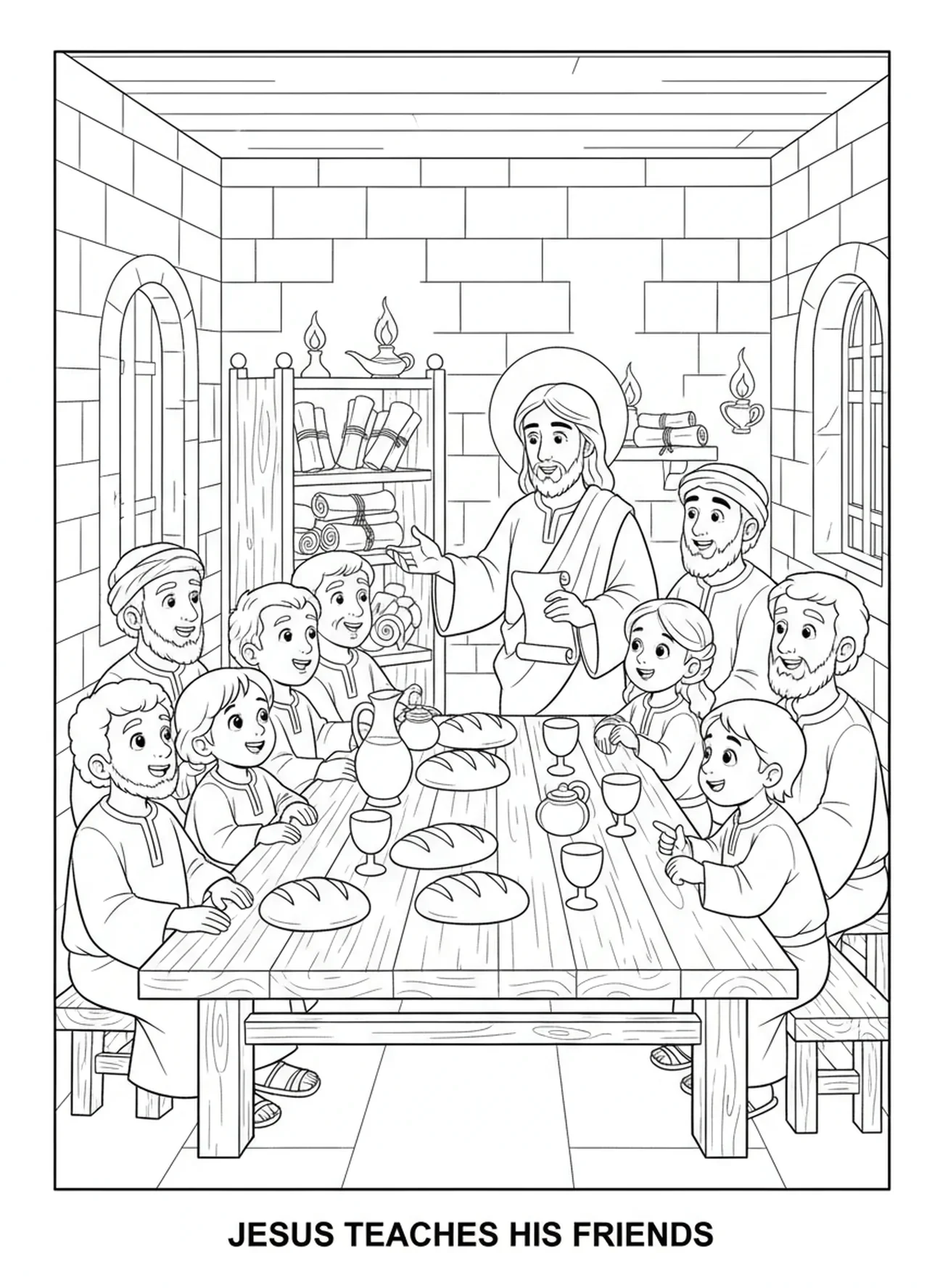 Discípulos escuchando a Jesús, página para colorear de la Última Cena para niños de Escuela Dominical de 5 a 12 años.