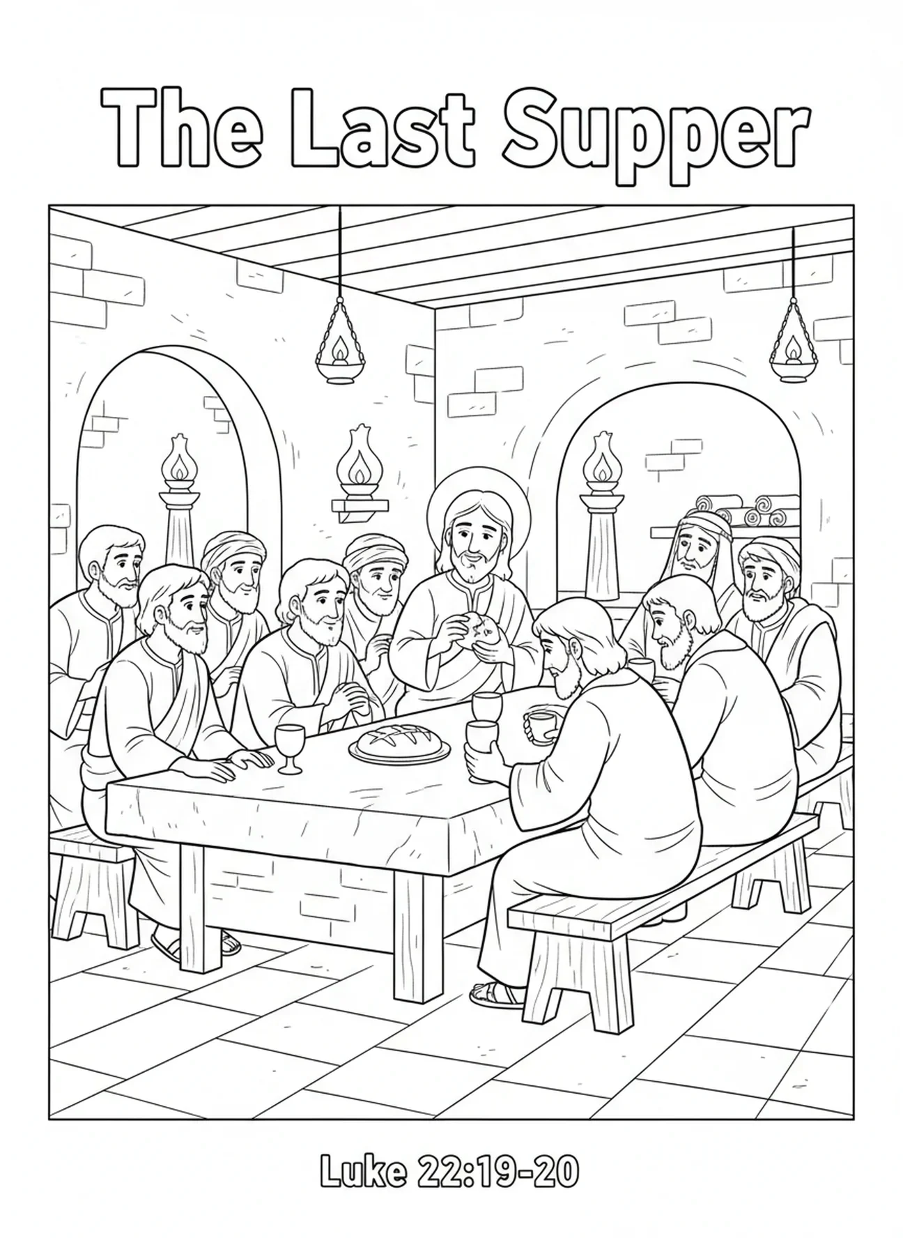 Jesús en la mesa, página para colorear de la Última Cena para niños de la Escuela Dominical de 5 a 12 años.