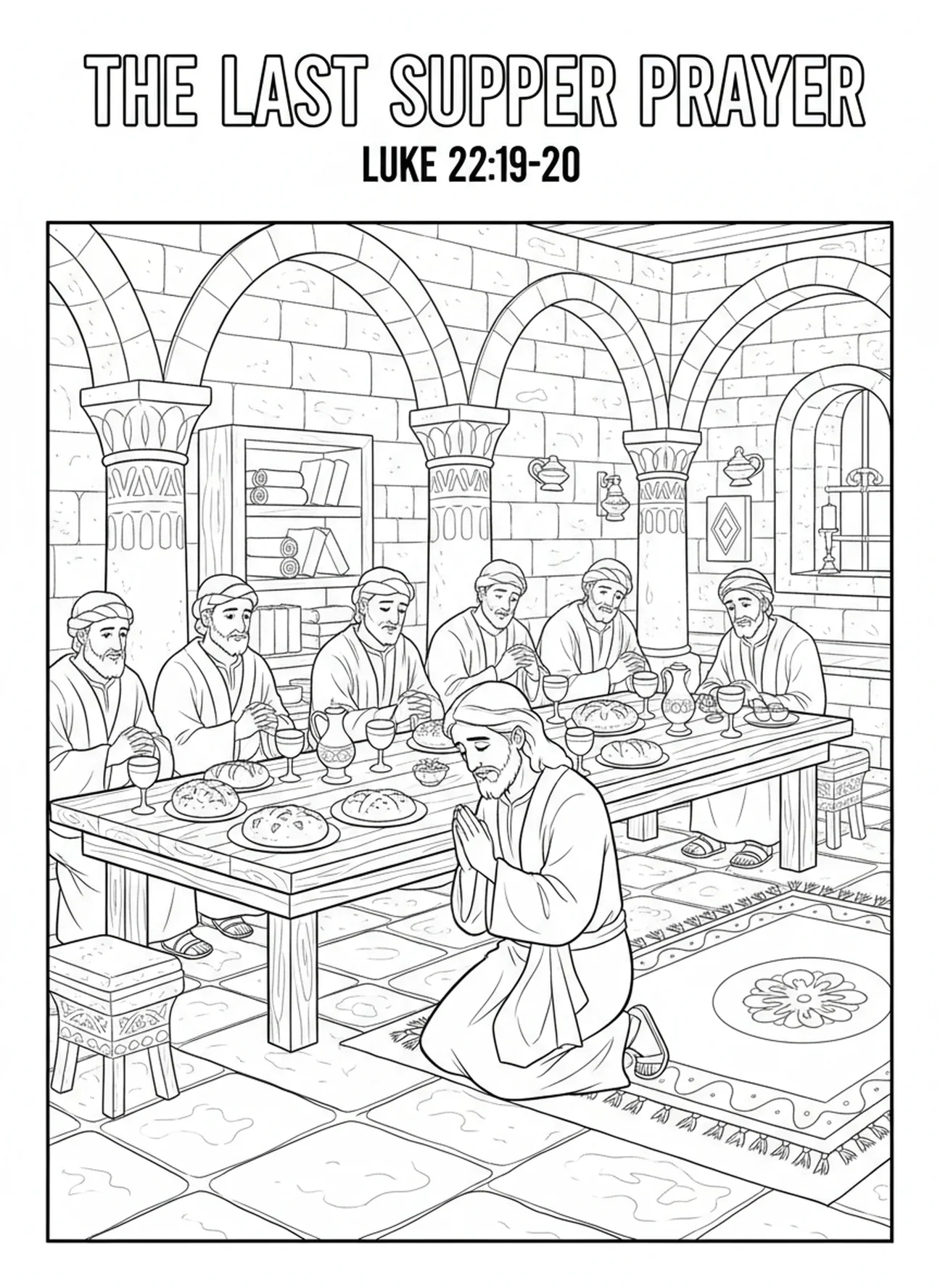 Jesús orando antes de la comunión, página para colorear de la Última Cena para niños de Escuela Dominical de 5 a 12 años.