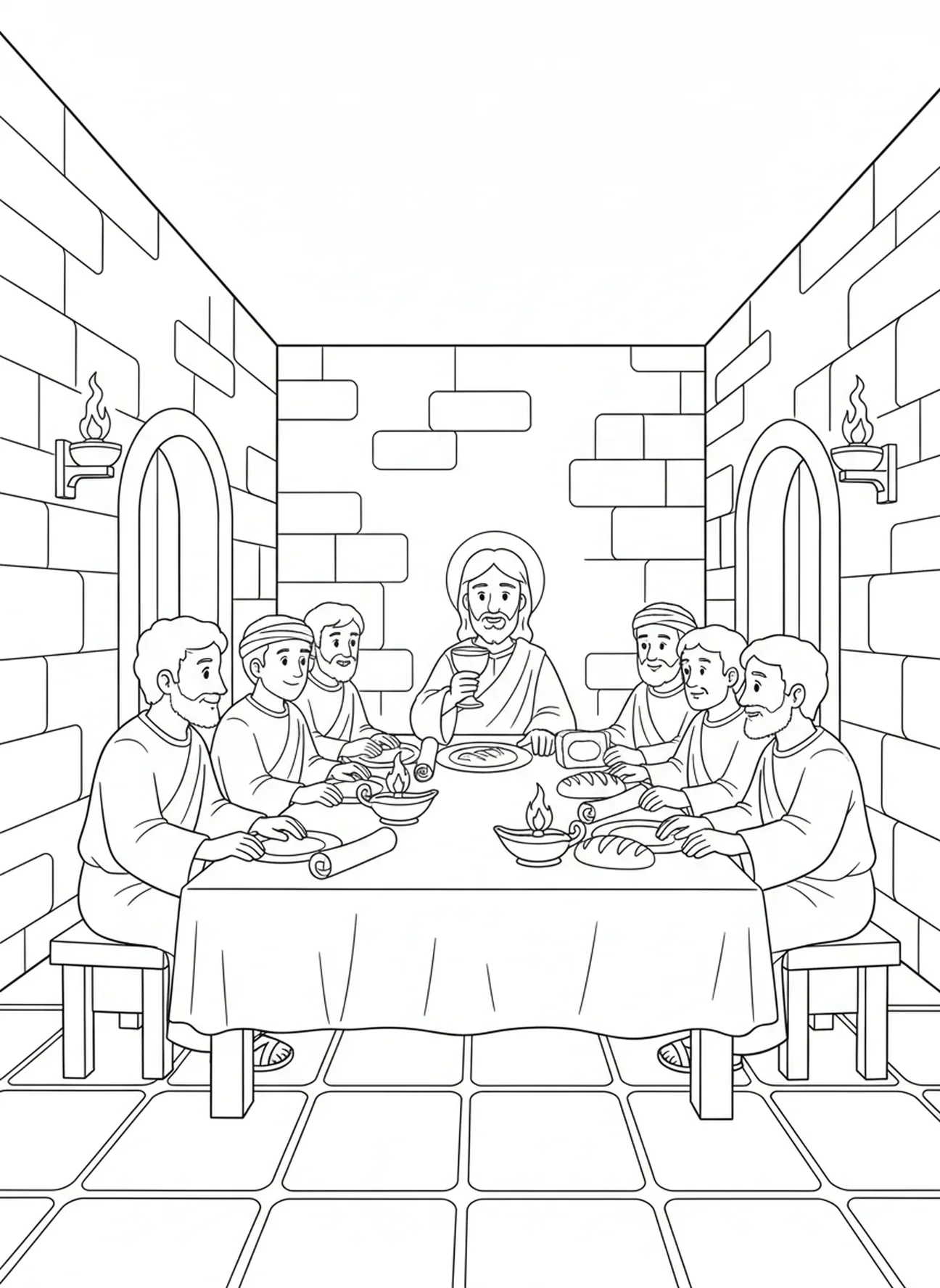 Jesús sosteniendo la copa, página para colorear de la Última Cena para niños de la Escuela Dominical de 5 a 12 años.