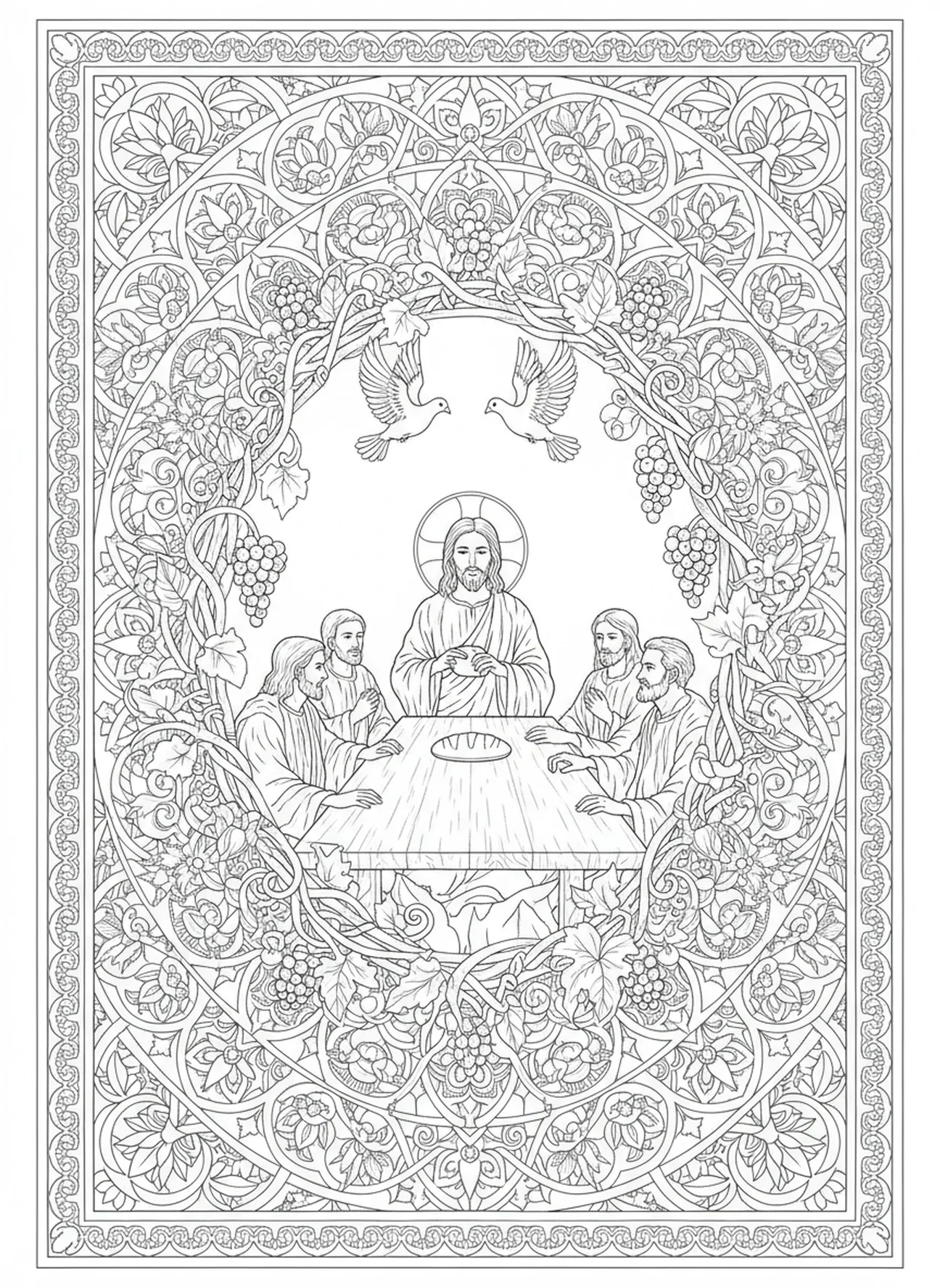 Jesus partindo o pão, página de colorir da Santa Missa para adultos no estilo de diário bíblico