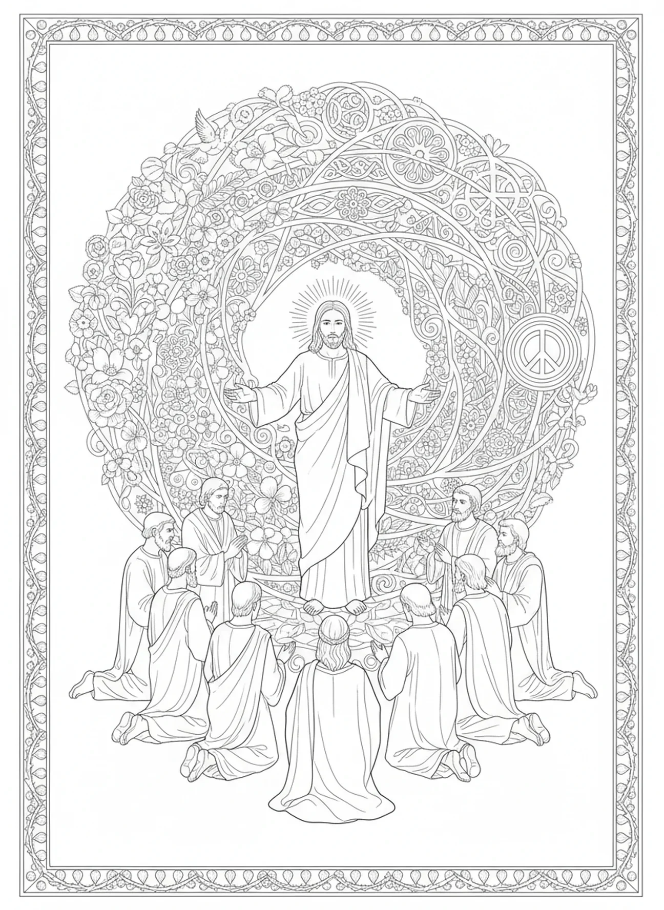 Jesus oferecendo a bênção, página para colorir da Missa, estilo de journaling bíblico para adultos