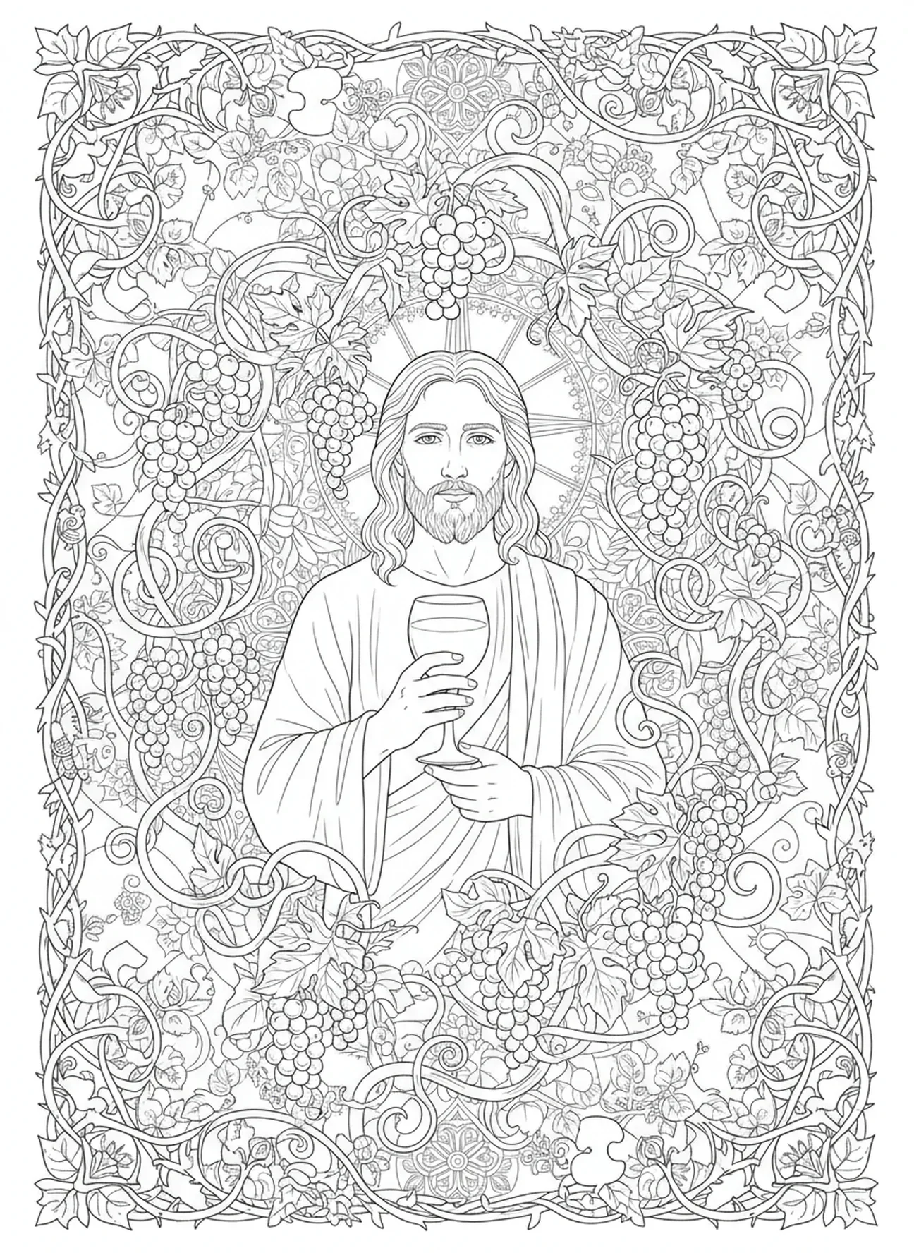 Jesus abençoando o vinho, página para colorir da Missa, estilo de journaling bíblico para adultos