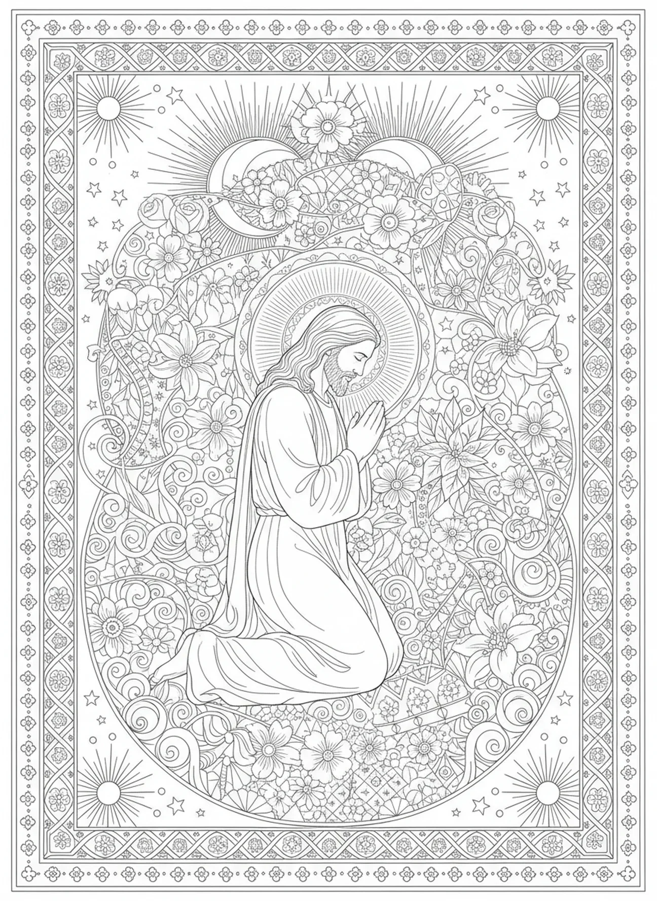 Jesus em oração, página de colorir da Santa Missa para adultos no estilo de journaling bíblico