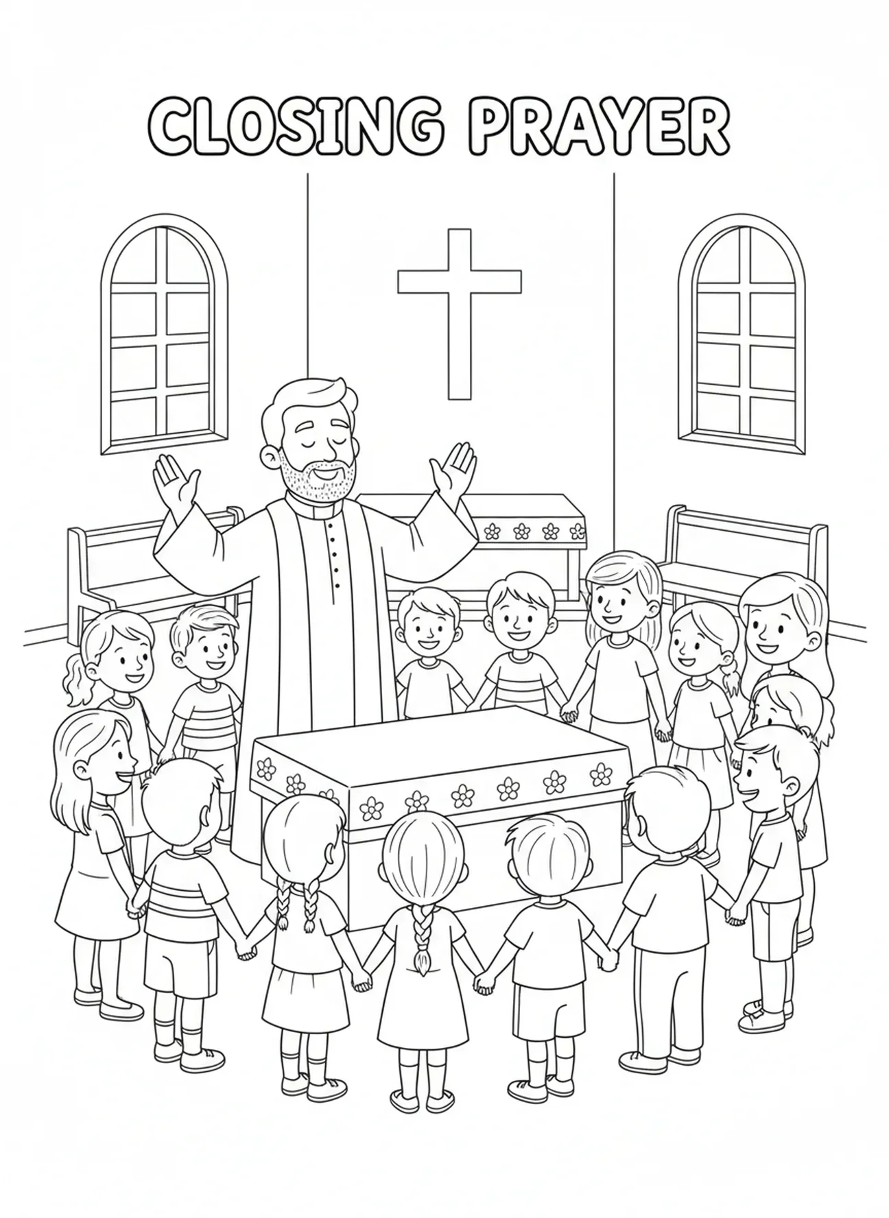 Priester leitet das Gebet, Ausmalbild zur Heiligen Messe für Kinder im Alter von 5-10 Jahren.