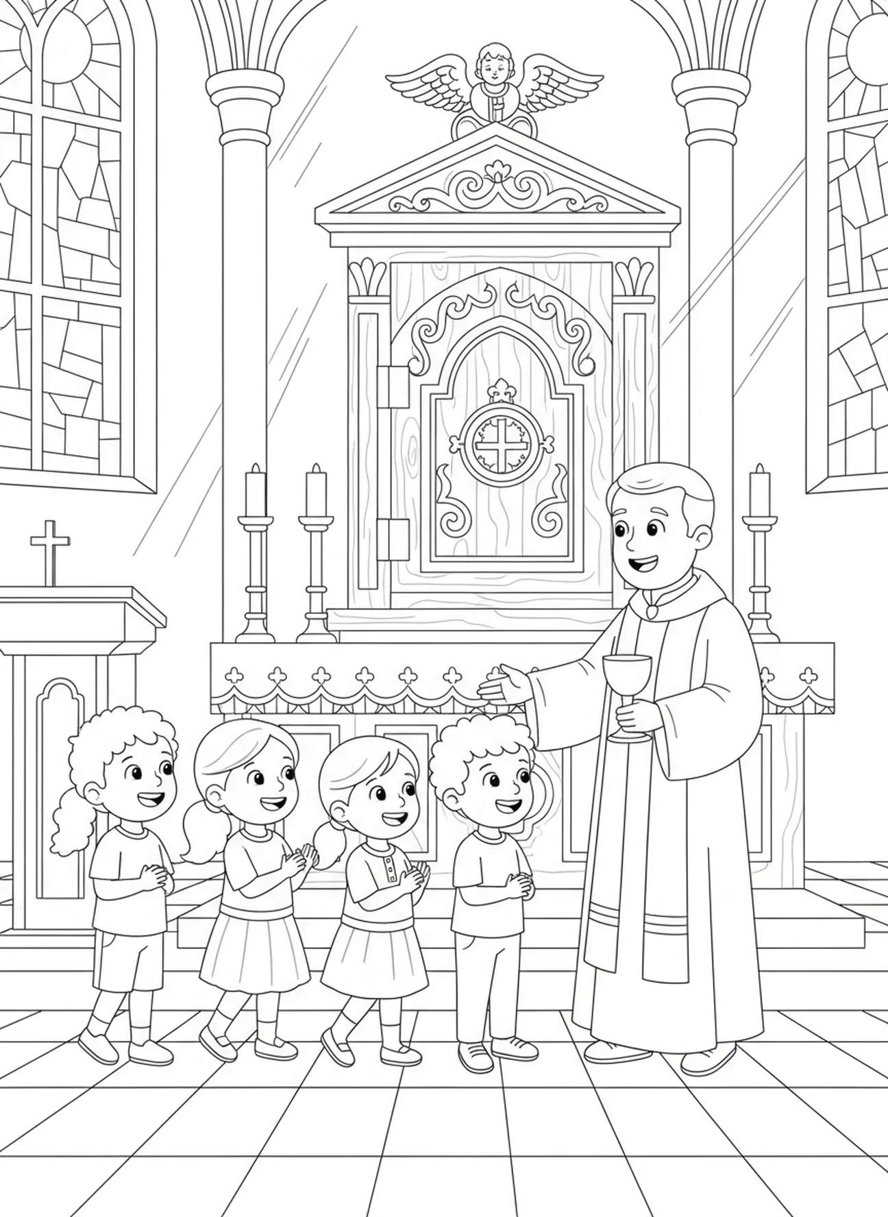 Kinder empfangen die Kommunion, Ausmalbild zur Heiligen Messe für Kinder im Alter von 5-10 Jahren.